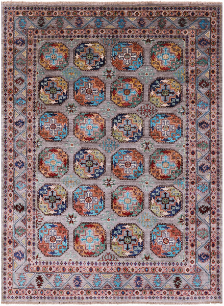 Grey Turkmen Ersari Hand Knotted Wool Rug - 5' 2" X 6' 11" - Golden Nile