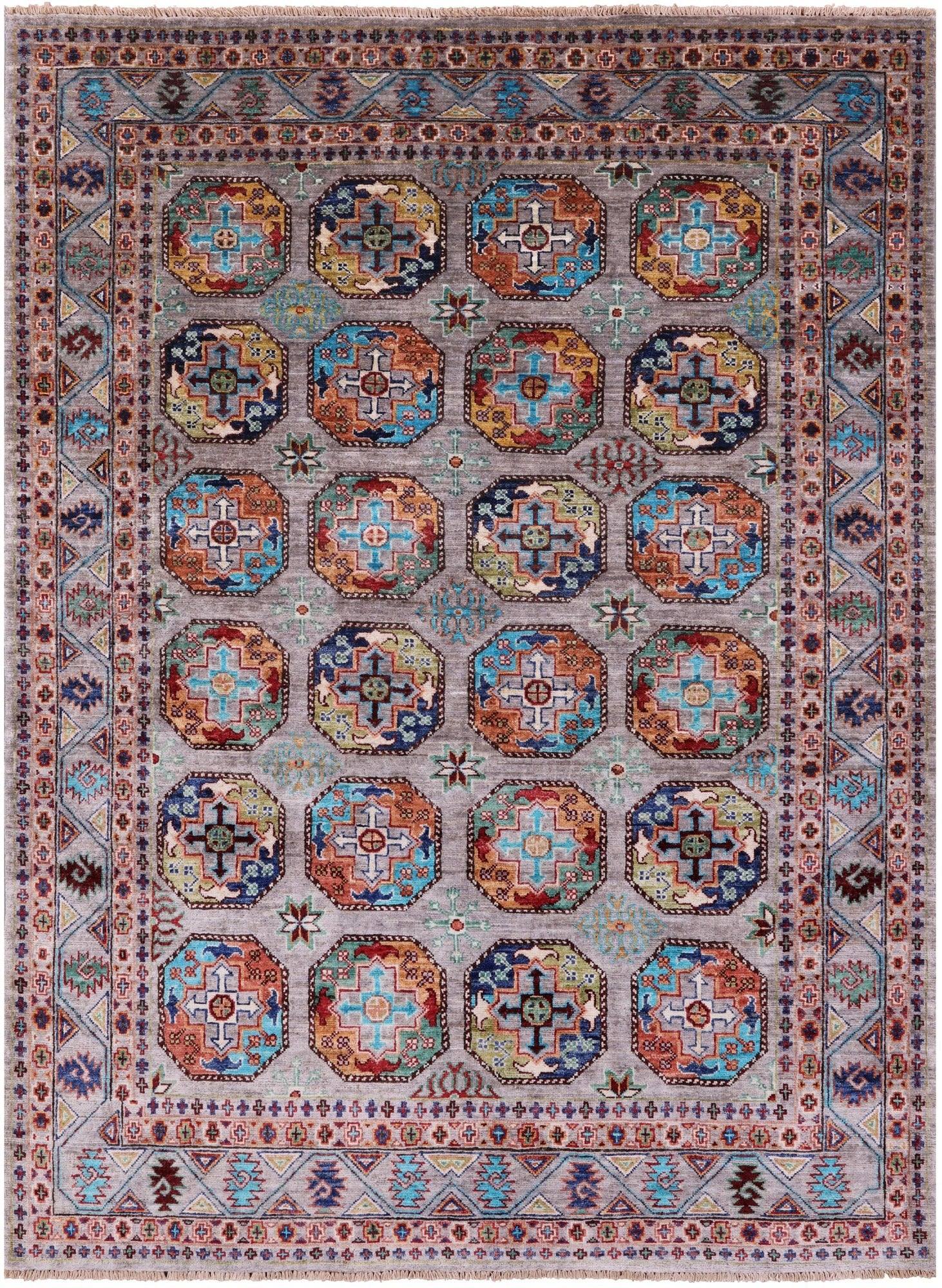 Grey Turkmen Ersari Hand Knotted Wool Rug - 5' 2" X 6' 11" - Golden Nile