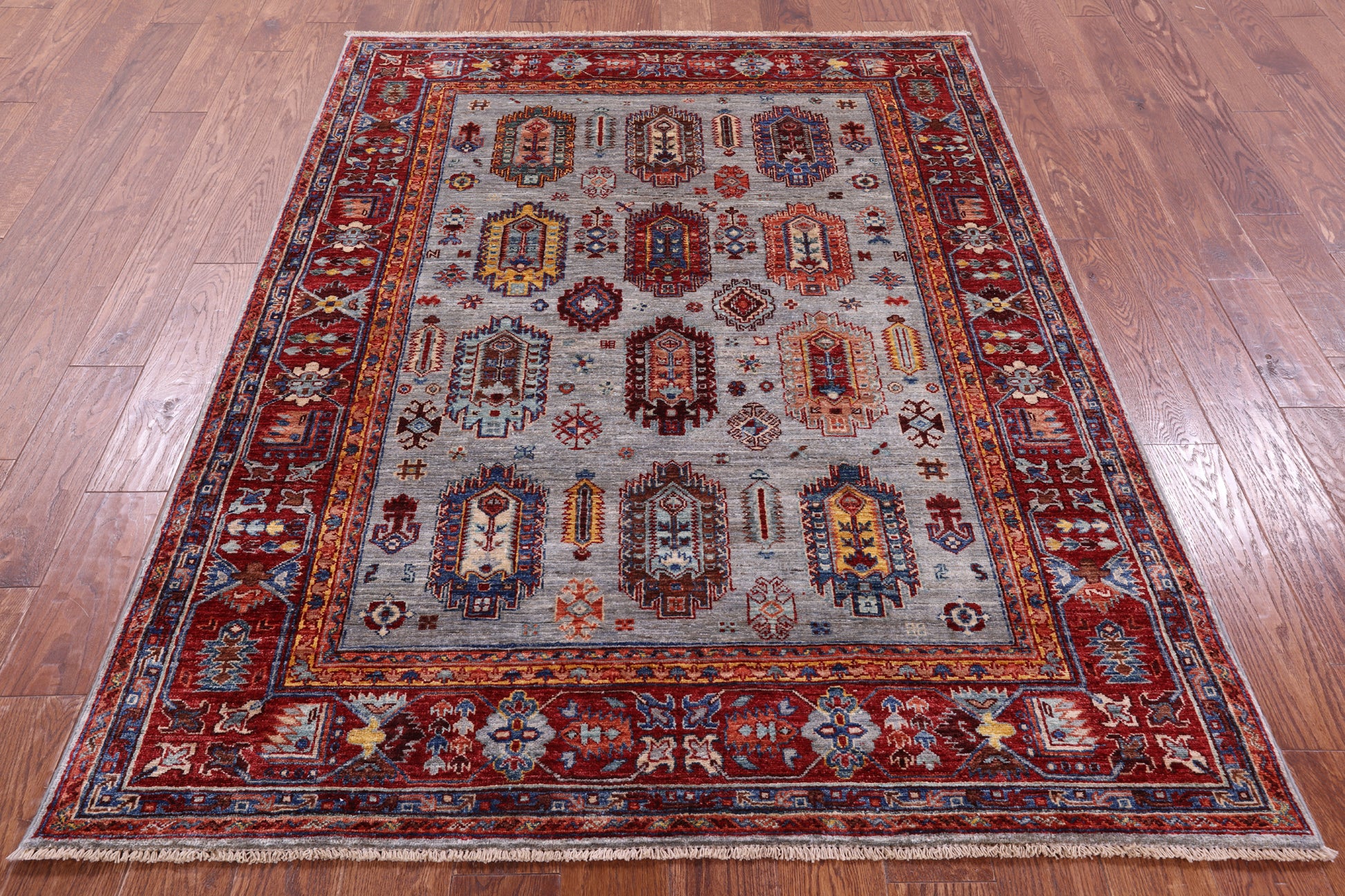 Grey Turkmen Ersari Hand Knotted Wool Rug - 5' 0" X 6' 8" - Golden Nile