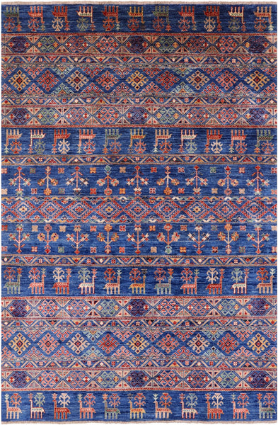 Blue Tribal Persian Gabbeh Handmade Wool Rug - 5' 7" X 8' 2" - Golden Nile
