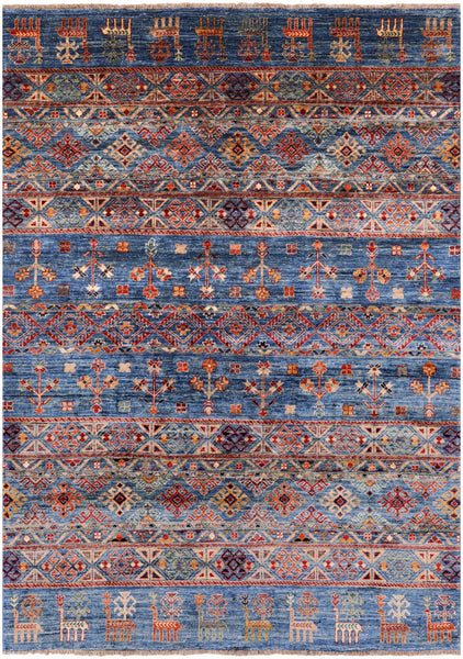 Blue Persian Gabbeh Tribal Hand Knotted Wool Rug - 4' 10" X 6' 7" - Golden Nile