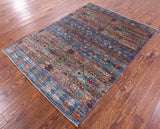 Blue Persian Gabbeh Tribal Hand Knotted Wool Rug - 4' 10" X 6' 7" - Golden Nile