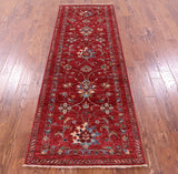 Red Peshawar Hand Knotted Wool Runner Rug - 3' 0" X 8' 5" - Golden Nile