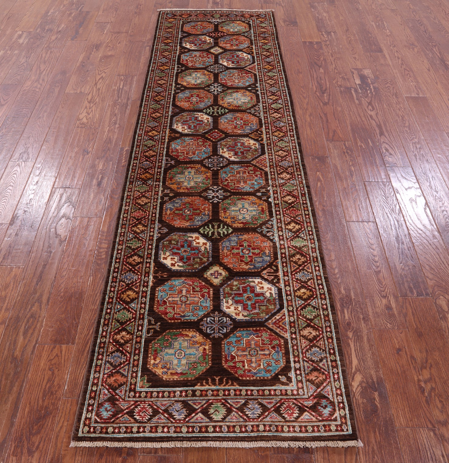 Brown Turkmen Ersari Hand Knotted Wool Runner Rug - 2' 9" X 9' 4" - Golden Nile