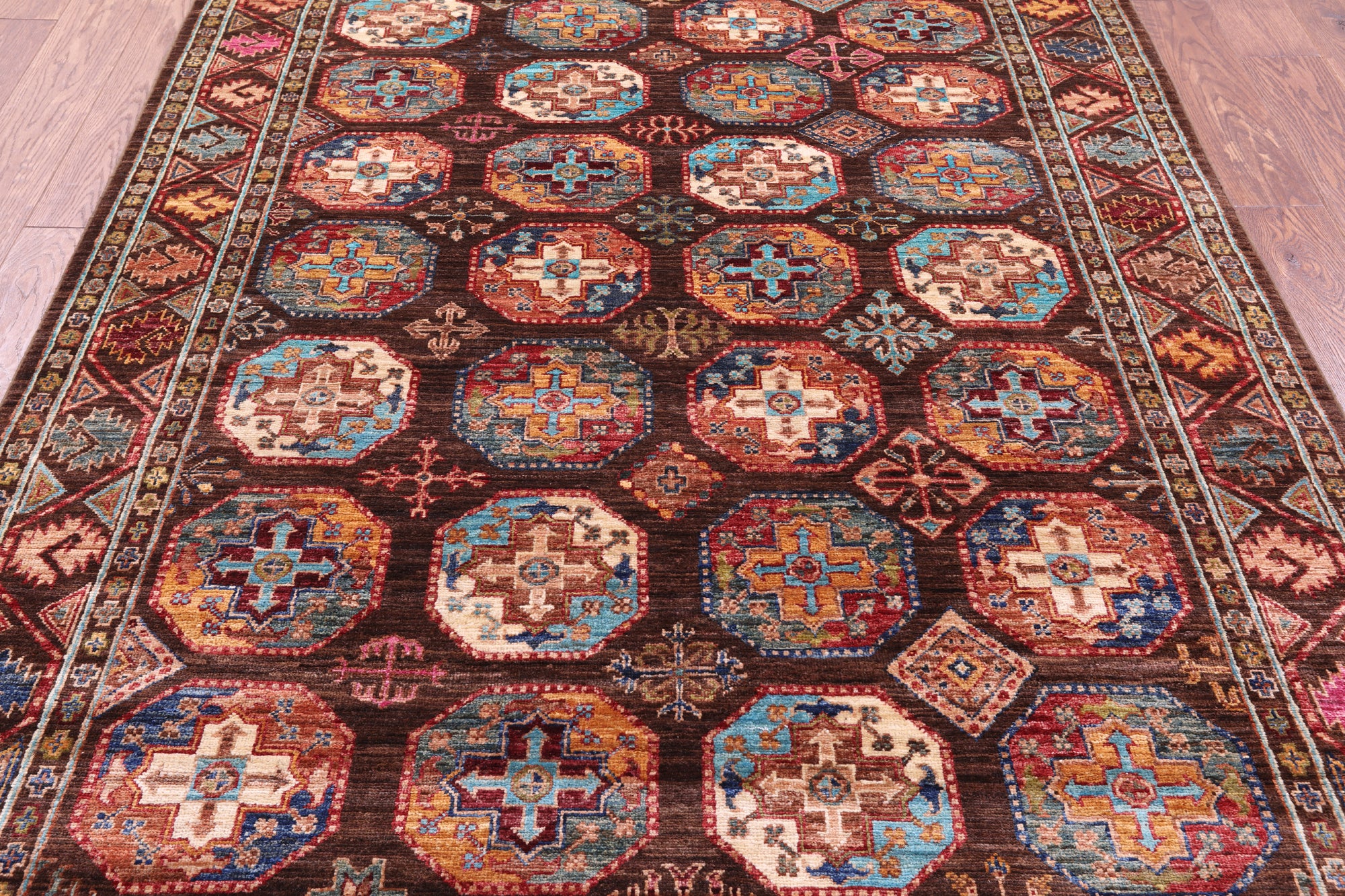 Brown Turkmen Ersari Handmade Wool Rug - 5' 2" X 6' 10" - Golden Nile