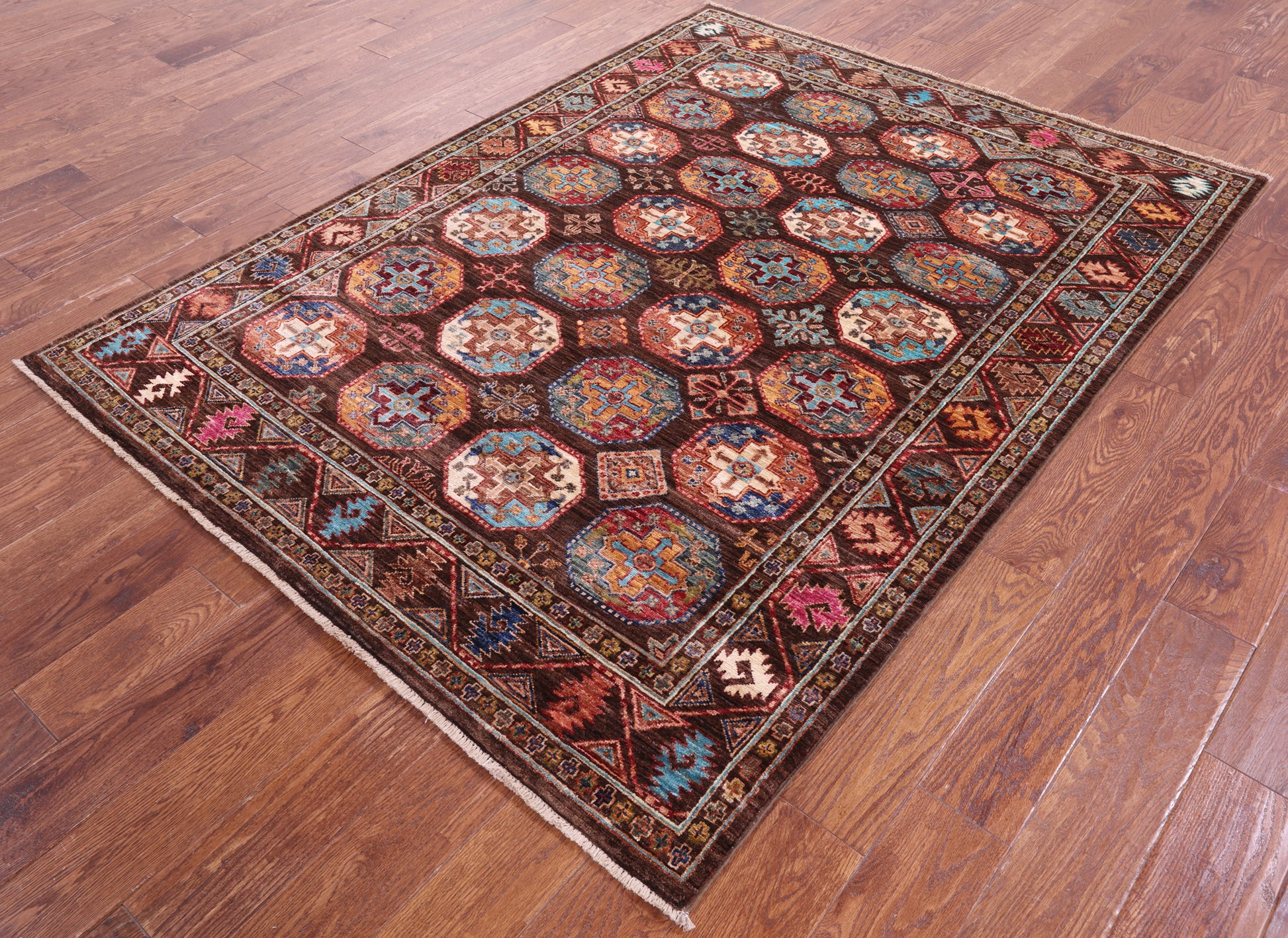 Brown Turkmen Ersari Handmade Wool Rug - 5' 2" X 6' 10" - Golden Nile