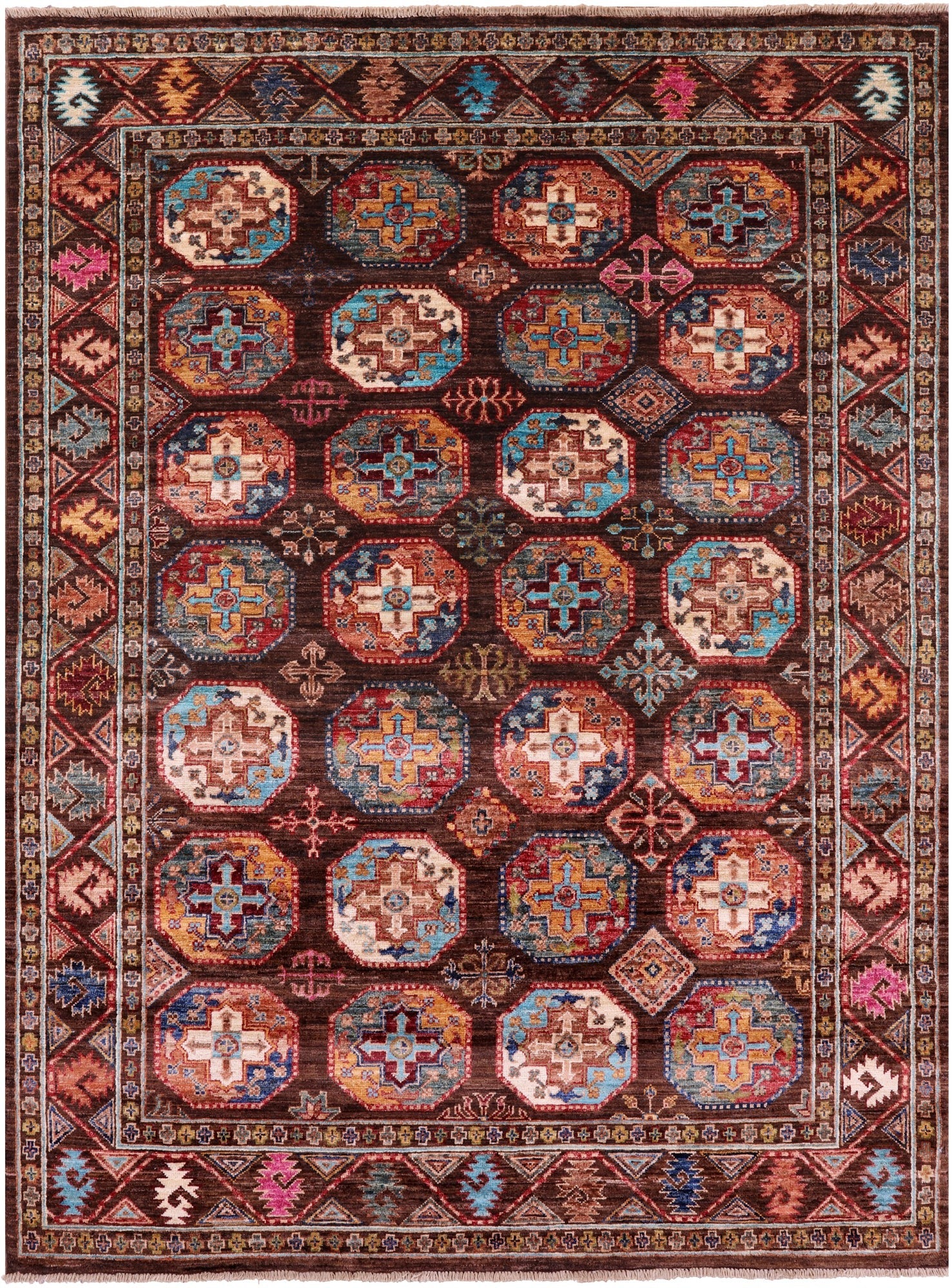 Brown Turkmen Ersari Handmade Wool Rug - 5' 2" X 6' 10" - Golden Nile