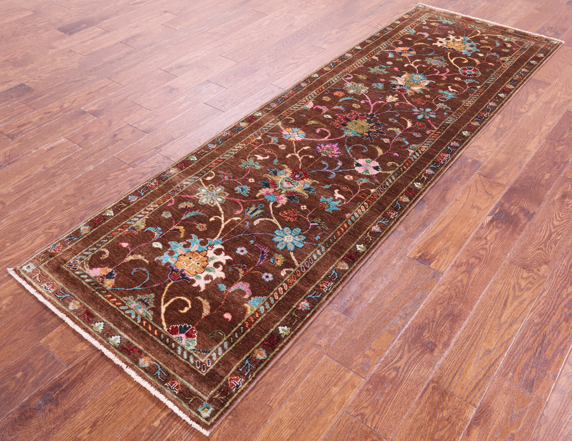 Brown Peshawar Hand Knotted Wool Runner Rug - 2' 9" X 8' 9" - Golden Nile