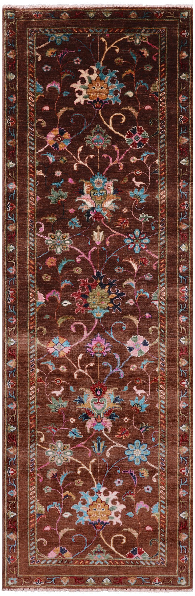 Brown Peshawar Hand Knotted Wool Runner Rug - 2' 9" X 8' 9" - Golden Nile
