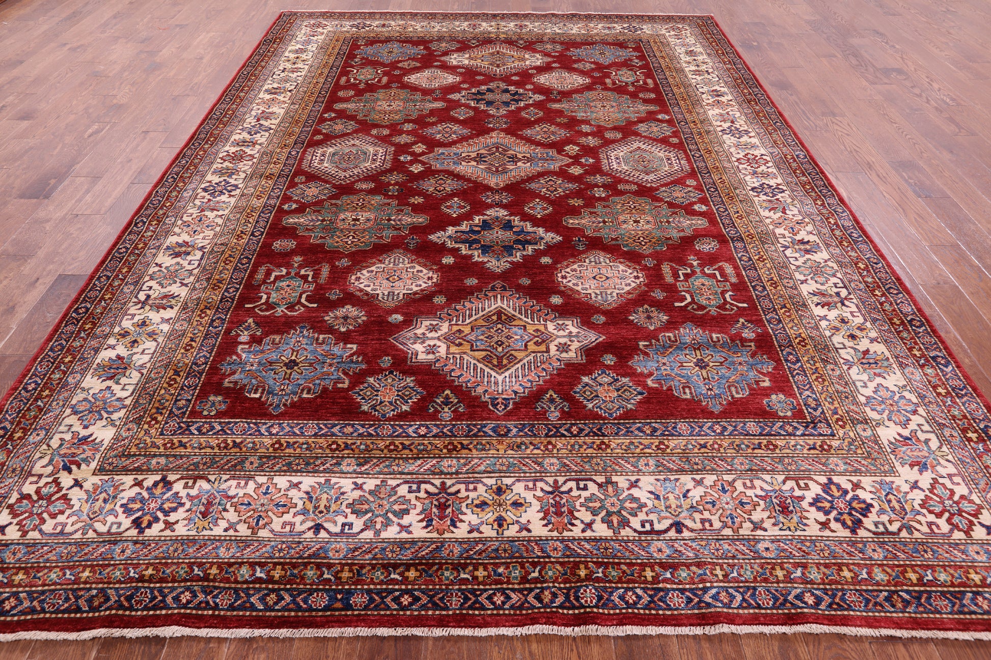 Red Super Kazak Hand Knotted Wool Rug - 8' 8" X 11' 11" - Golden Nile