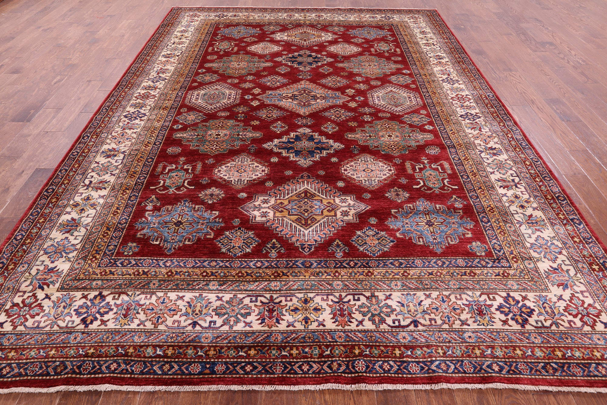 Red Super Kazak Hand Knotted Wool Rug - 8' 8" X 11' 11" - Golden Nile