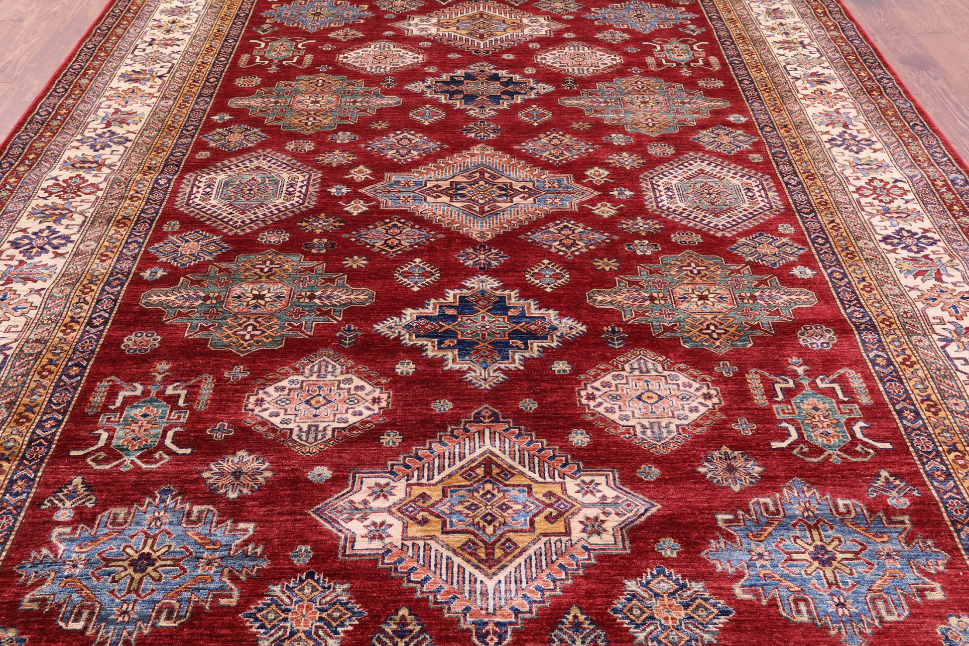 Red Super Kazak Hand Knotted Wool Rug - 8' 8" X 11' 11" - Golden Nile