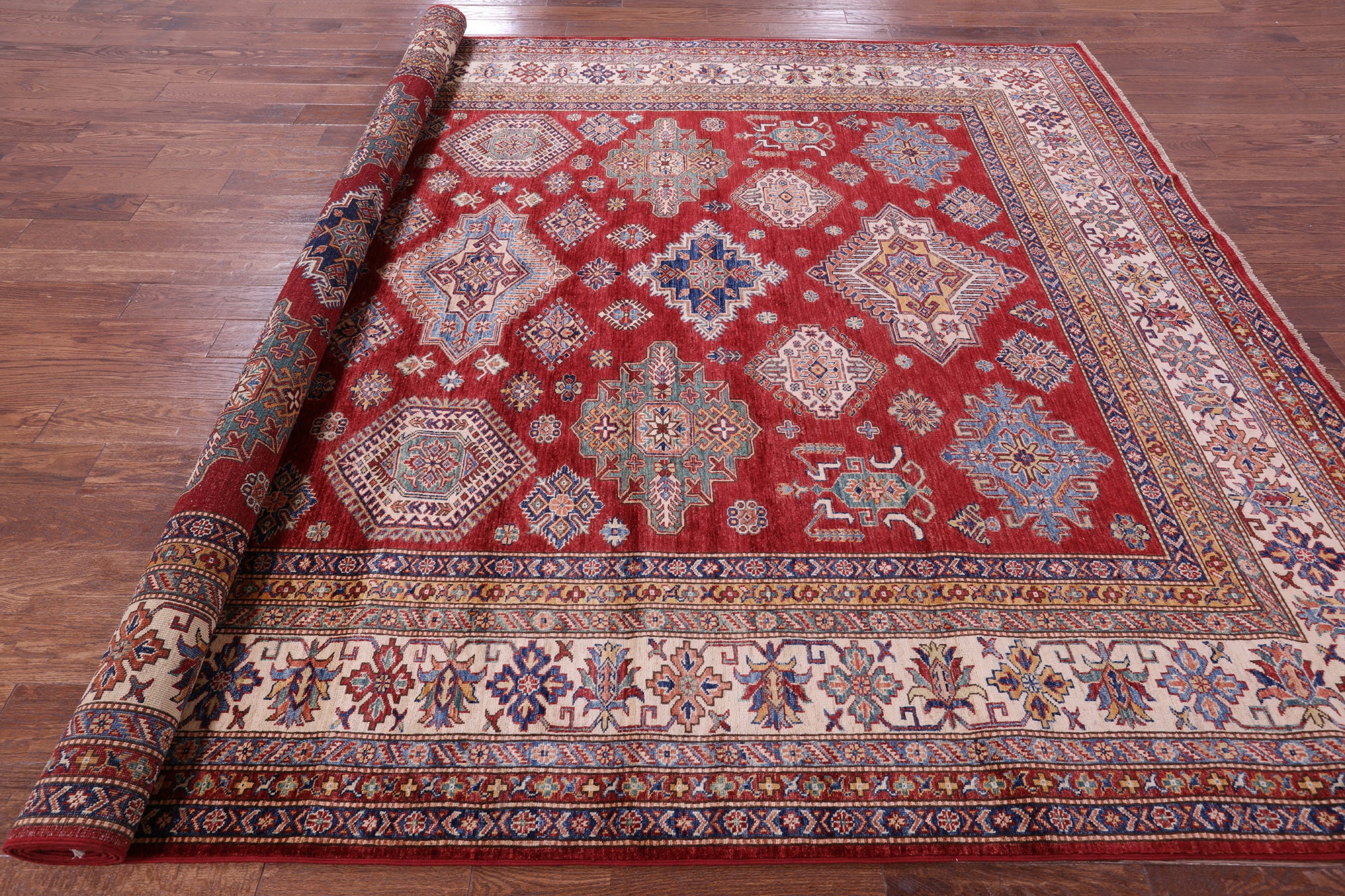 Red Super Kazak Hand Knotted Wool Rug - 8' 8" X 11' 11" - Golden Nile
