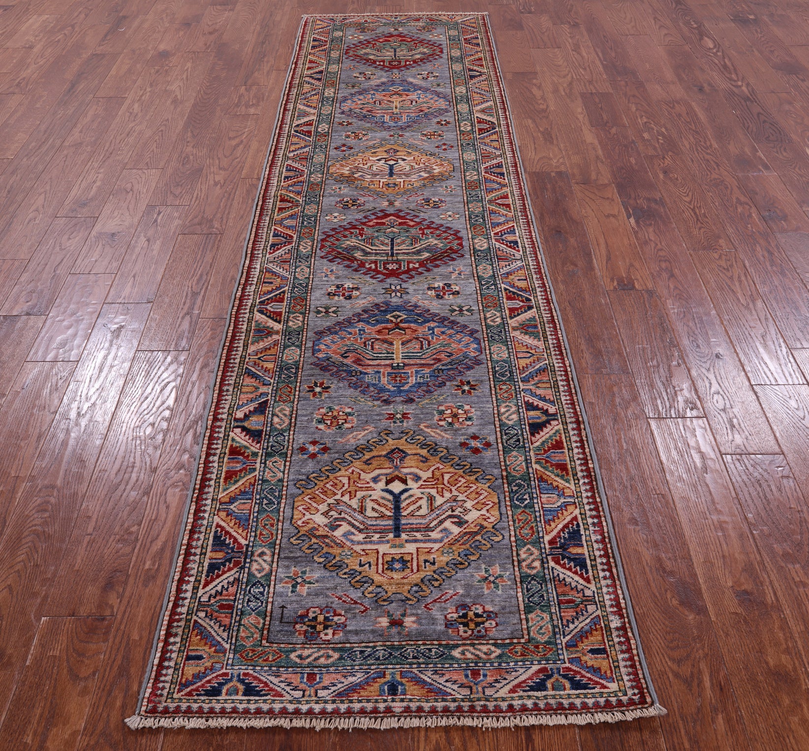 Grey Super Kazak Hand Knotted Wool Runner Rug - 2' 8" X 10' 3" - Golden Nile
