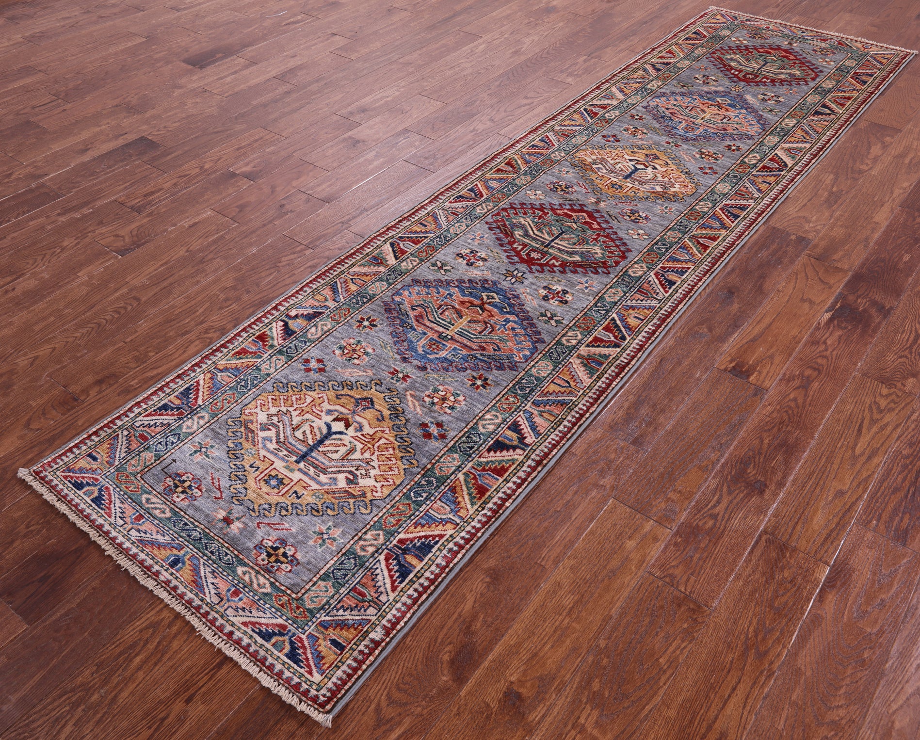 Grey Super Kazak Hand Knotted Wool Runner Rug - 2' 8" X 10' 3" - Golden Nile