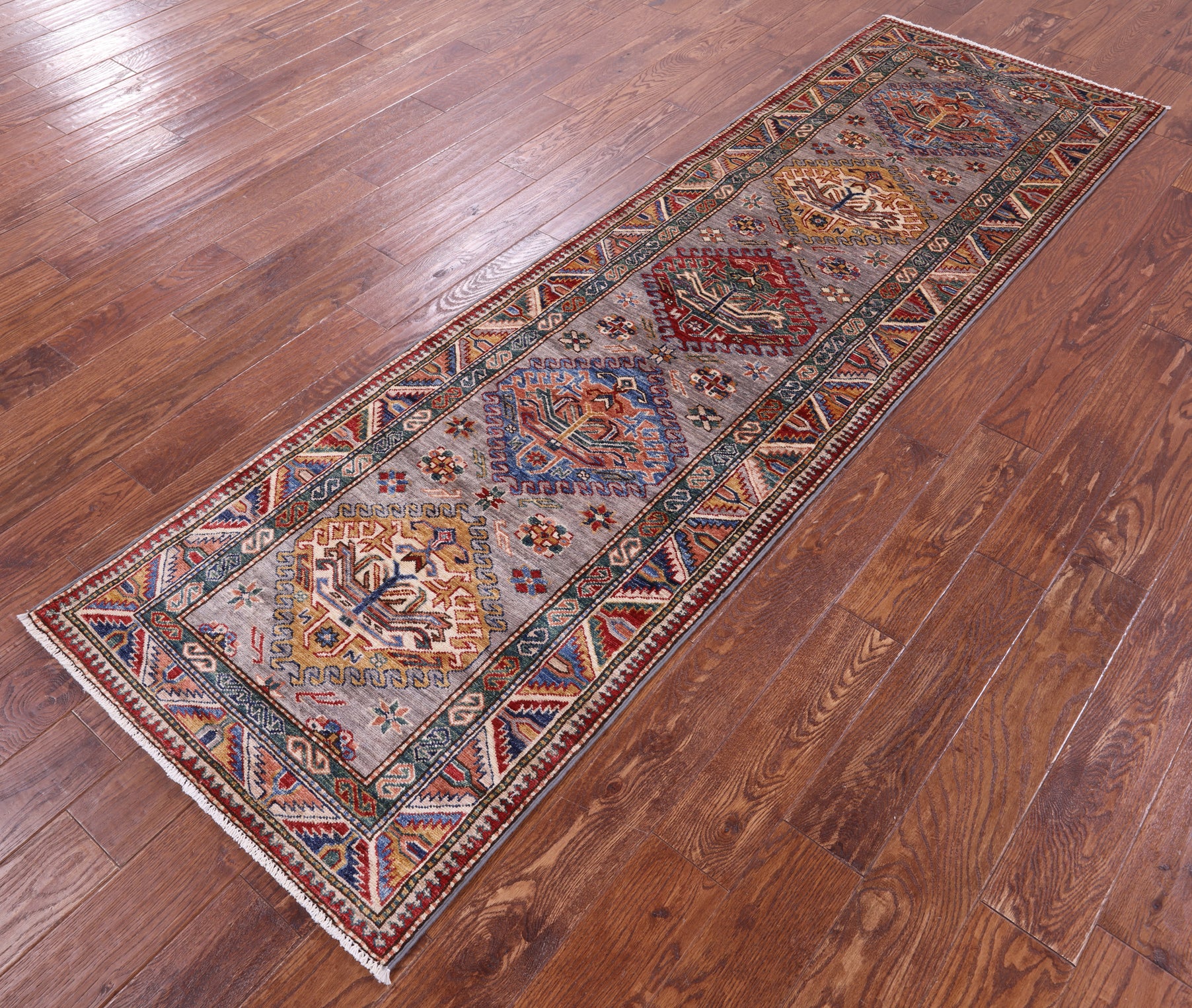 Grey Super Kazak Hand Knotted Wool Runner Rug - 2' 8" X 9' 0" - Golden Nile