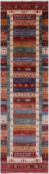Tribal Persian Gabbeh Hand Knotted Wool Runner Rug - 2' 10" X 10' 2" - Golden Nile