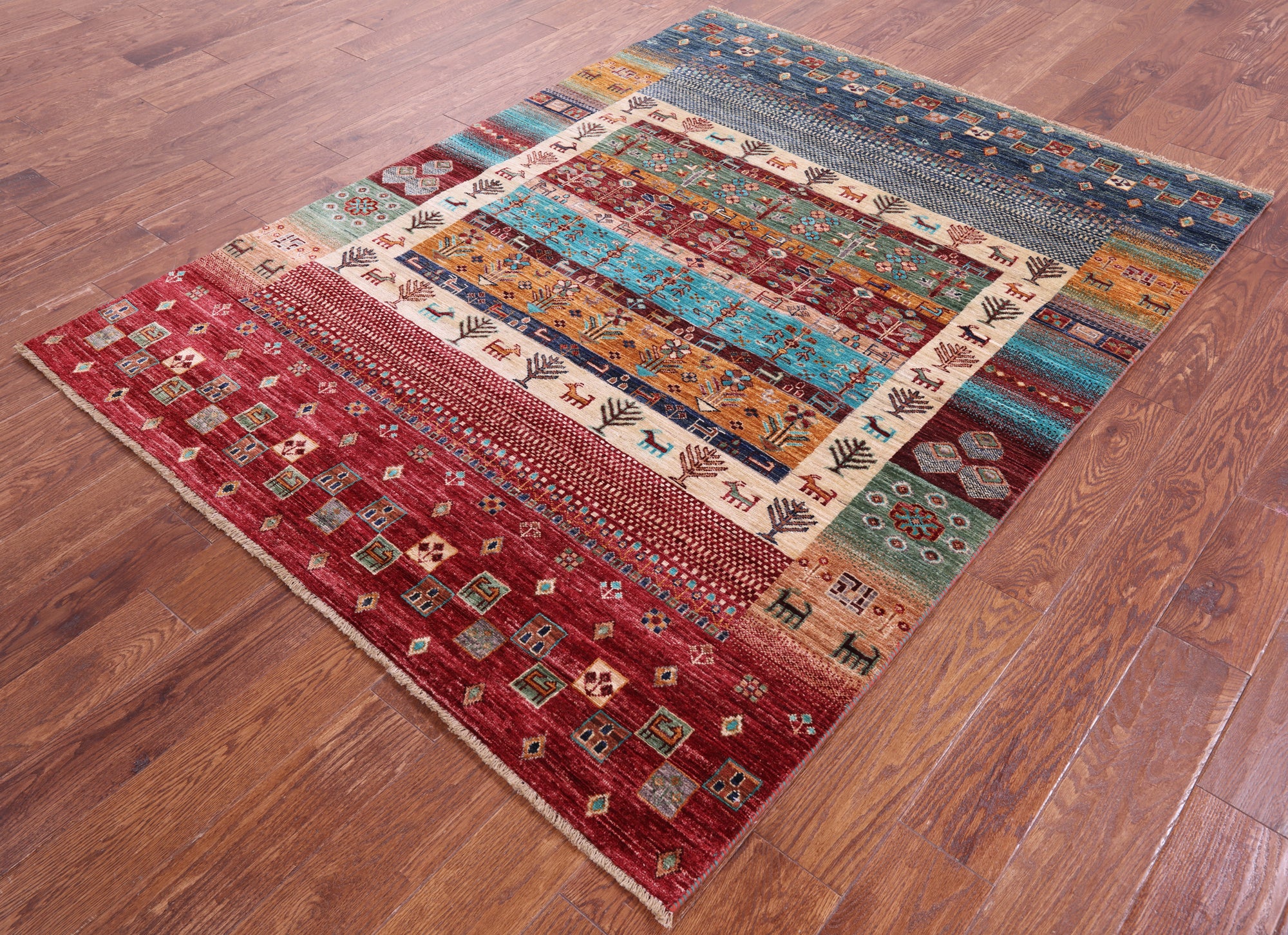 Tribal Persian Gabbeh Handmade Wool Rug - 5' 1" X 6' 8" - Golden Nile