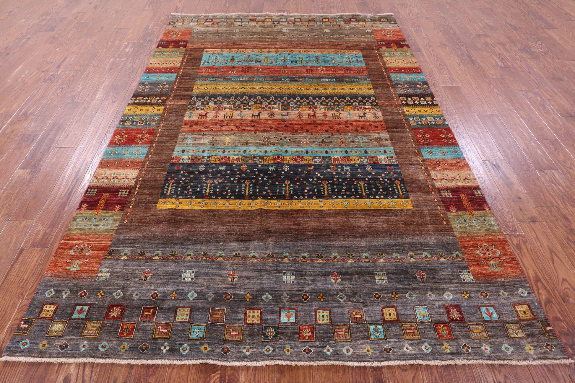 Persian Gabbeh Tribal Hand Knotted Wool Rug - 6' 8" X 9' 7" - Golden Nile