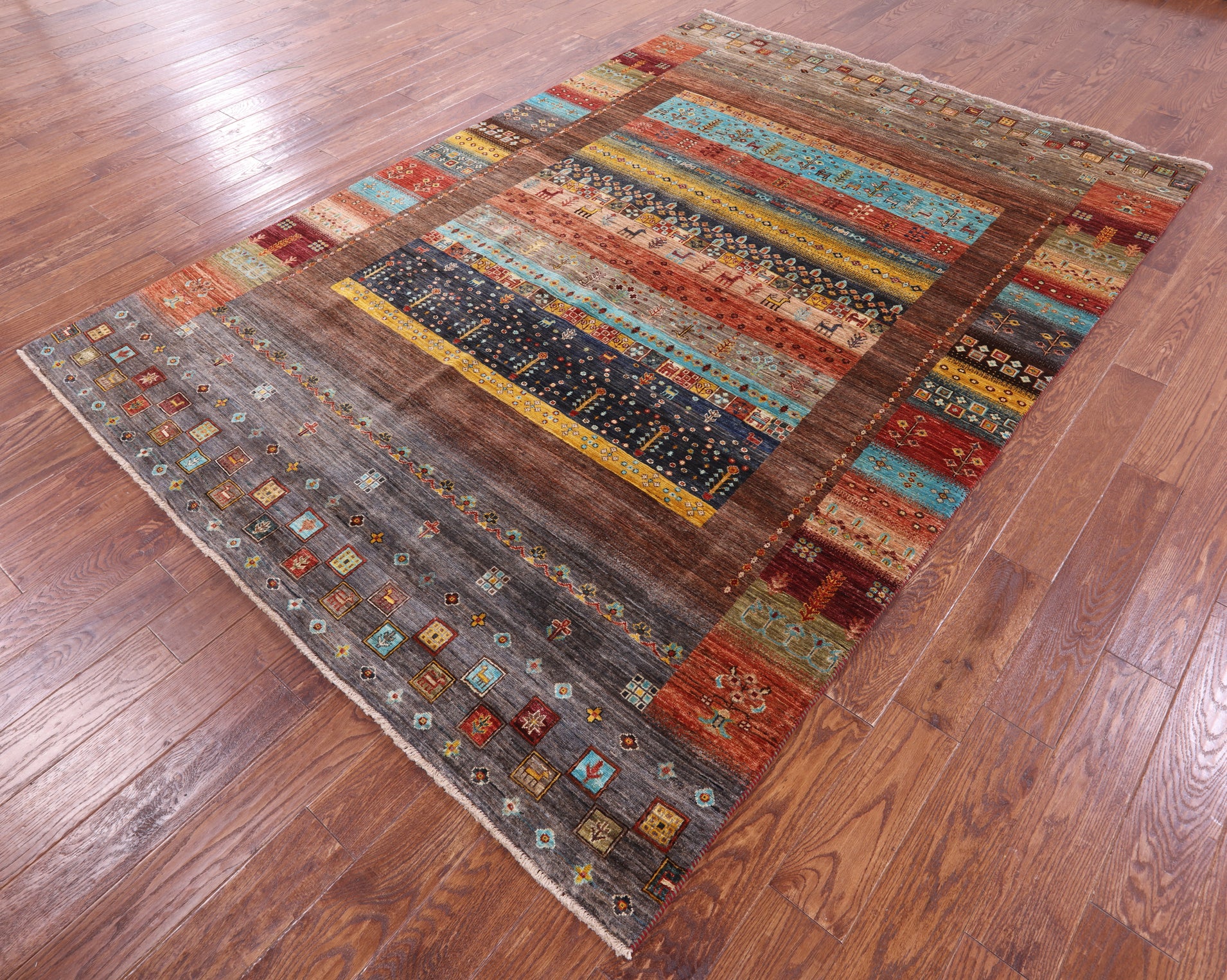 Persian Gabbeh Tribal Hand Knotted Wool Rug - 6' 8" X 9' 7" - Golden Nile
