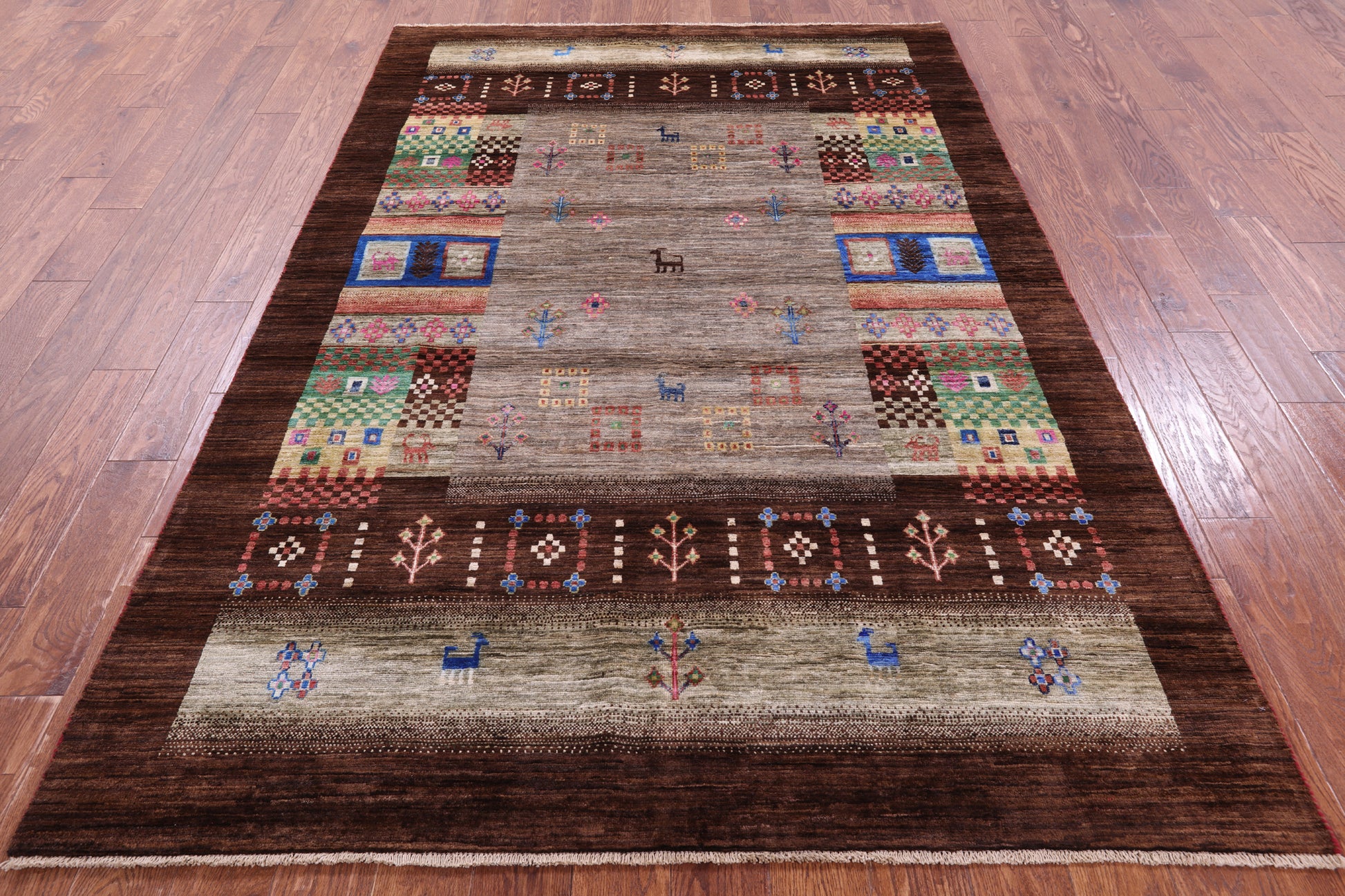 Brown Tribal Persian Gabbeh Hand Knotted Wool Rug - 5' 8" X 8' 3" - Golden Nile