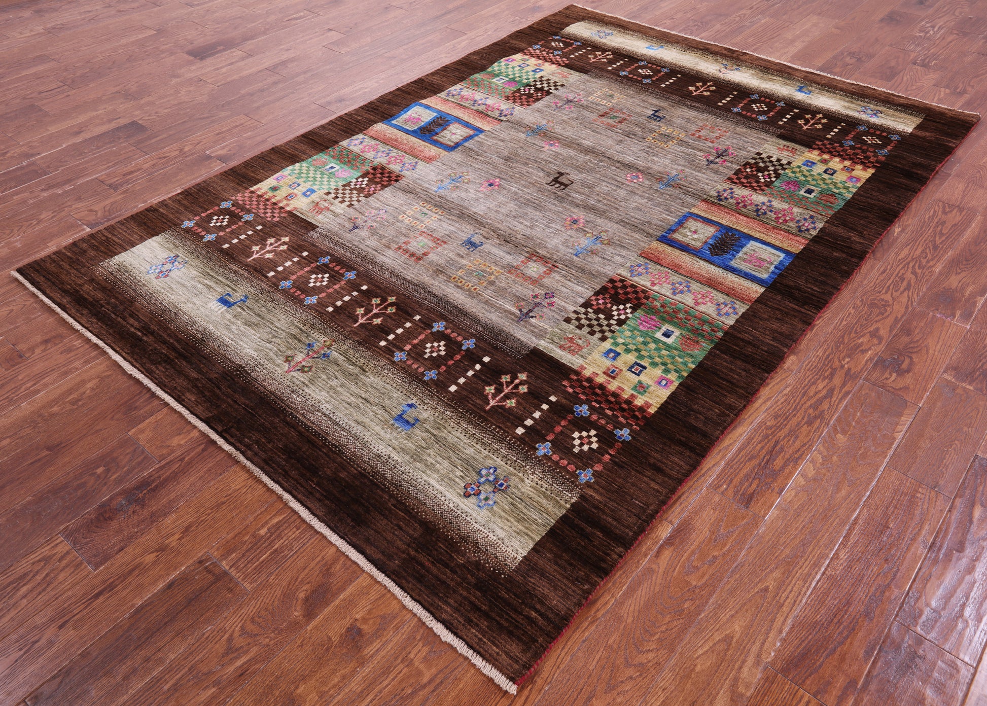 Brown Tribal Persian Gabbeh Hand Knotted Wool Rug - 5' 8" X 8' 3" - Golden Nile