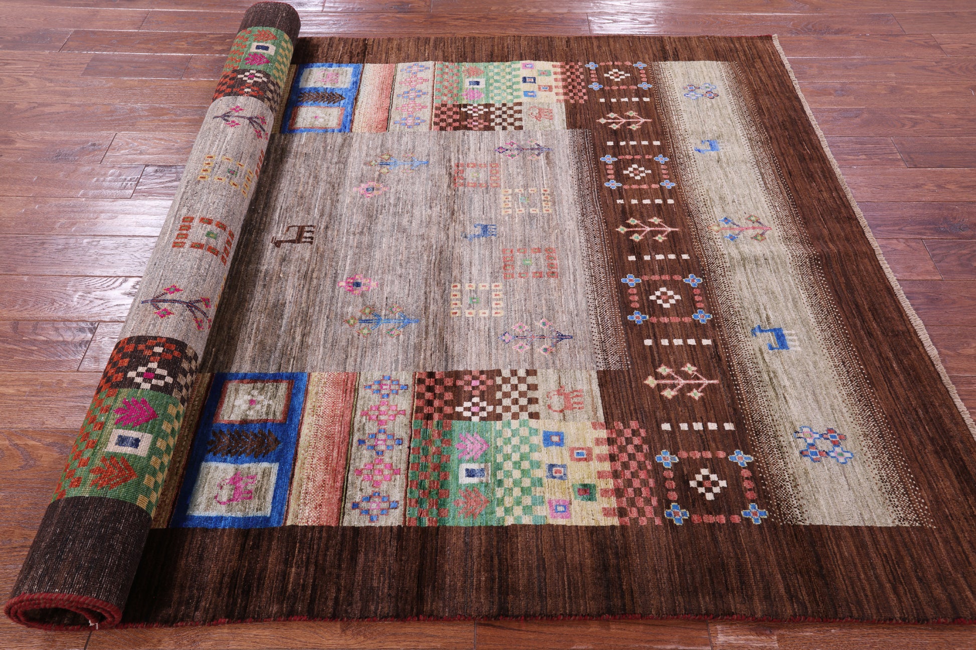 Brown Tribal Persian Gabbeh Hand Knotted Wool Rug - 5' 8" X 8' 3" - Golden Nile