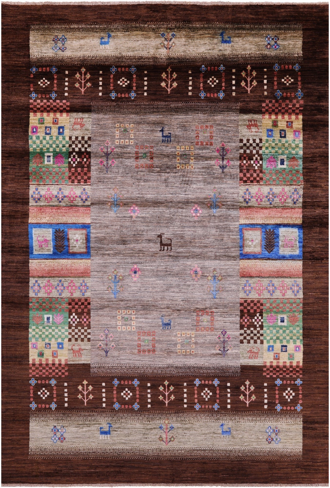 Brown Tribal Persian Gabbeh Hand Knotted Wool Rug - 5' 8" X 8' 3" - Golden Nile