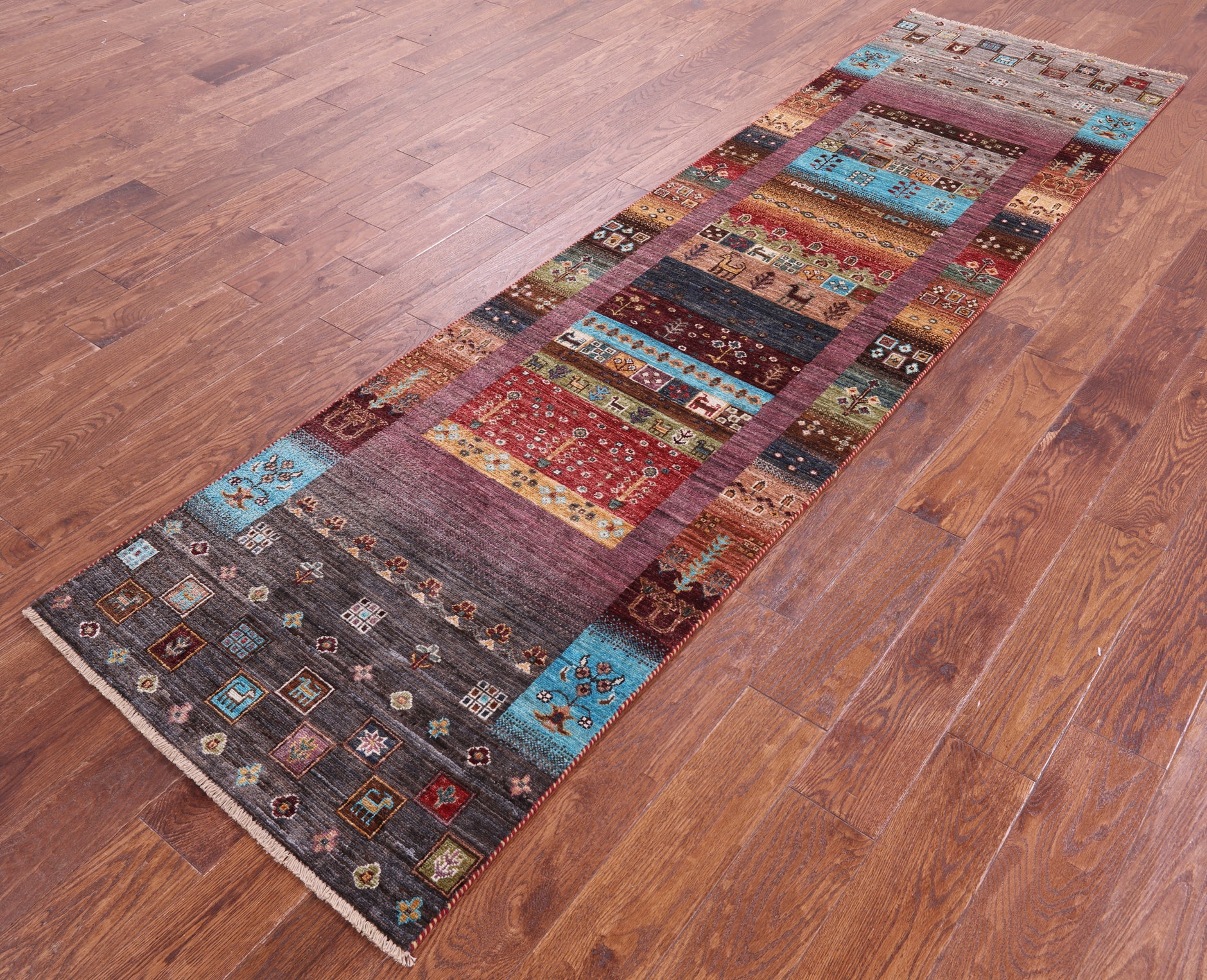 Tribal Persian Gabbeh Hand Knotted Wool Runner Rug - 2' 8" X 9' 8" - Golden Nile