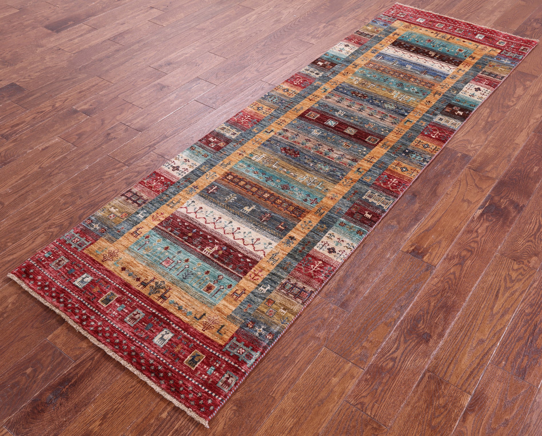 Tribal Persian Gabbeh Hand Knotted Wool Runner Rug - 2' 8" X 8' 4" - Golden Nile