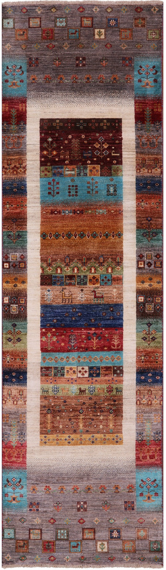 Tribal Persian Gabbeh Hand Knotted Wool Runner Rug - 2' 9" X 9' 9" - Golden Nile