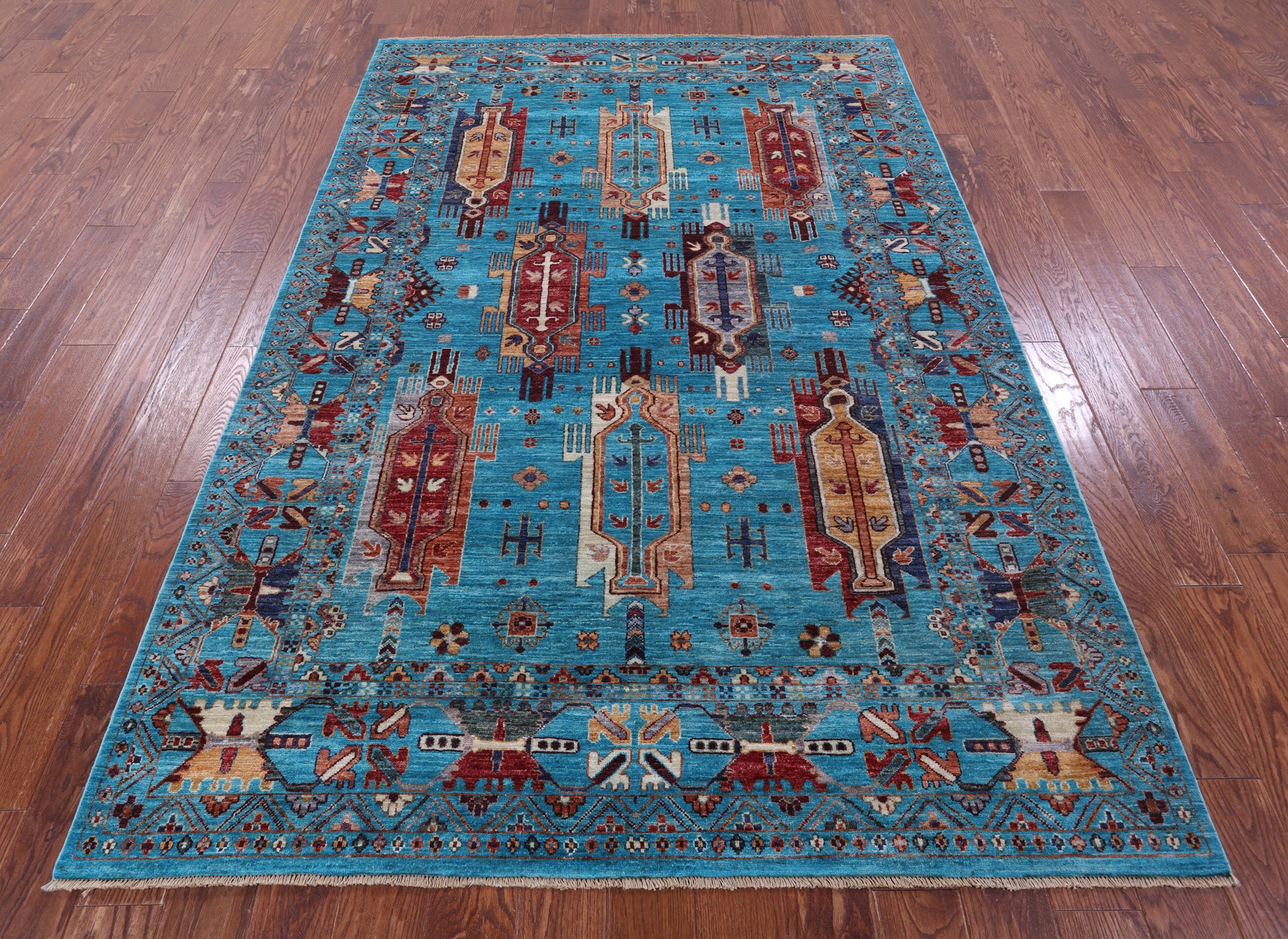 Blue Persian Fine Serapi Hand Knotted Wool Rug - 5' 9" X 8' 6" - Golden Nile