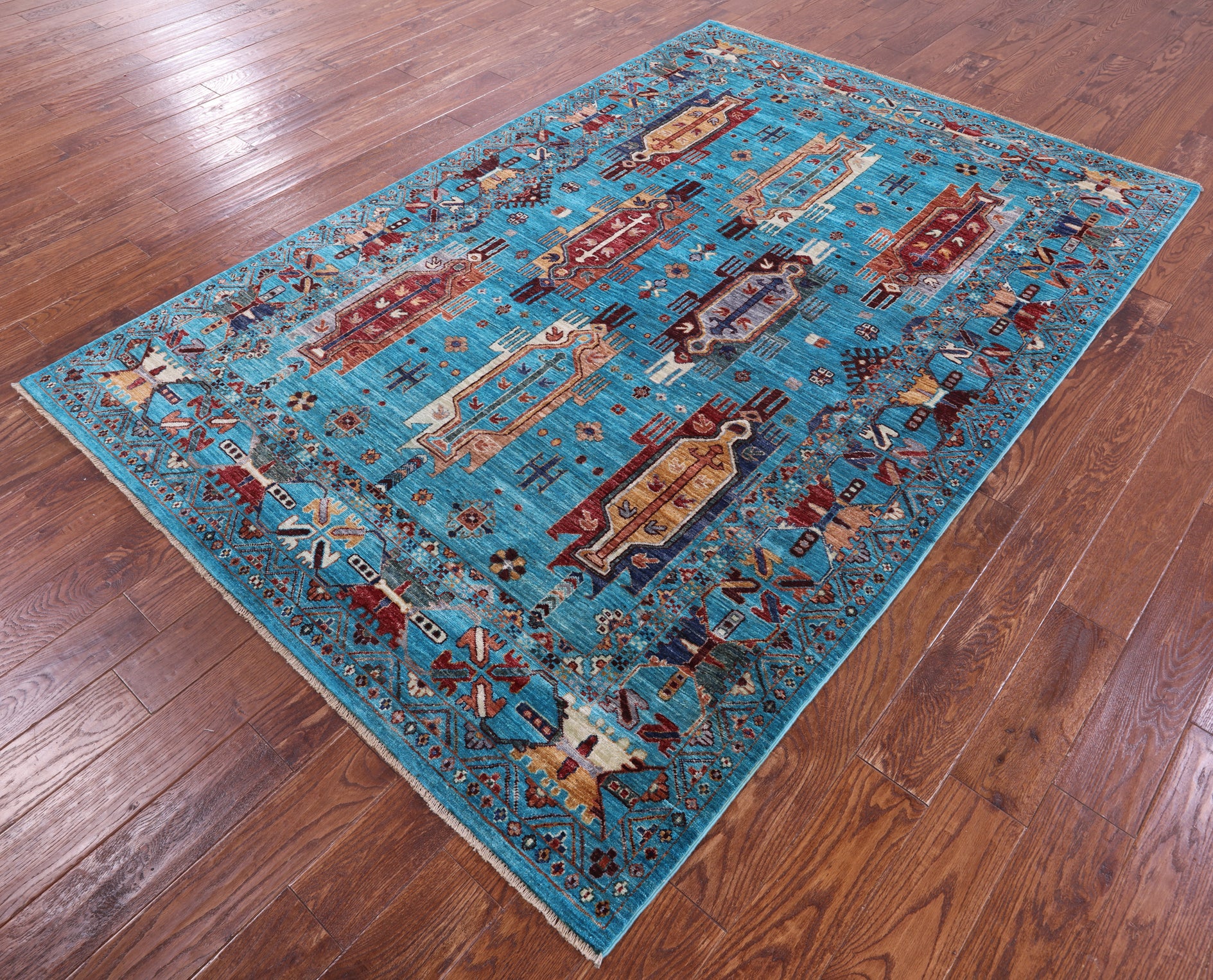 Blue Persian Fine Serapi Hand Knotted Wool Rug - 5' 9" X 8' 6" - Golden Nile