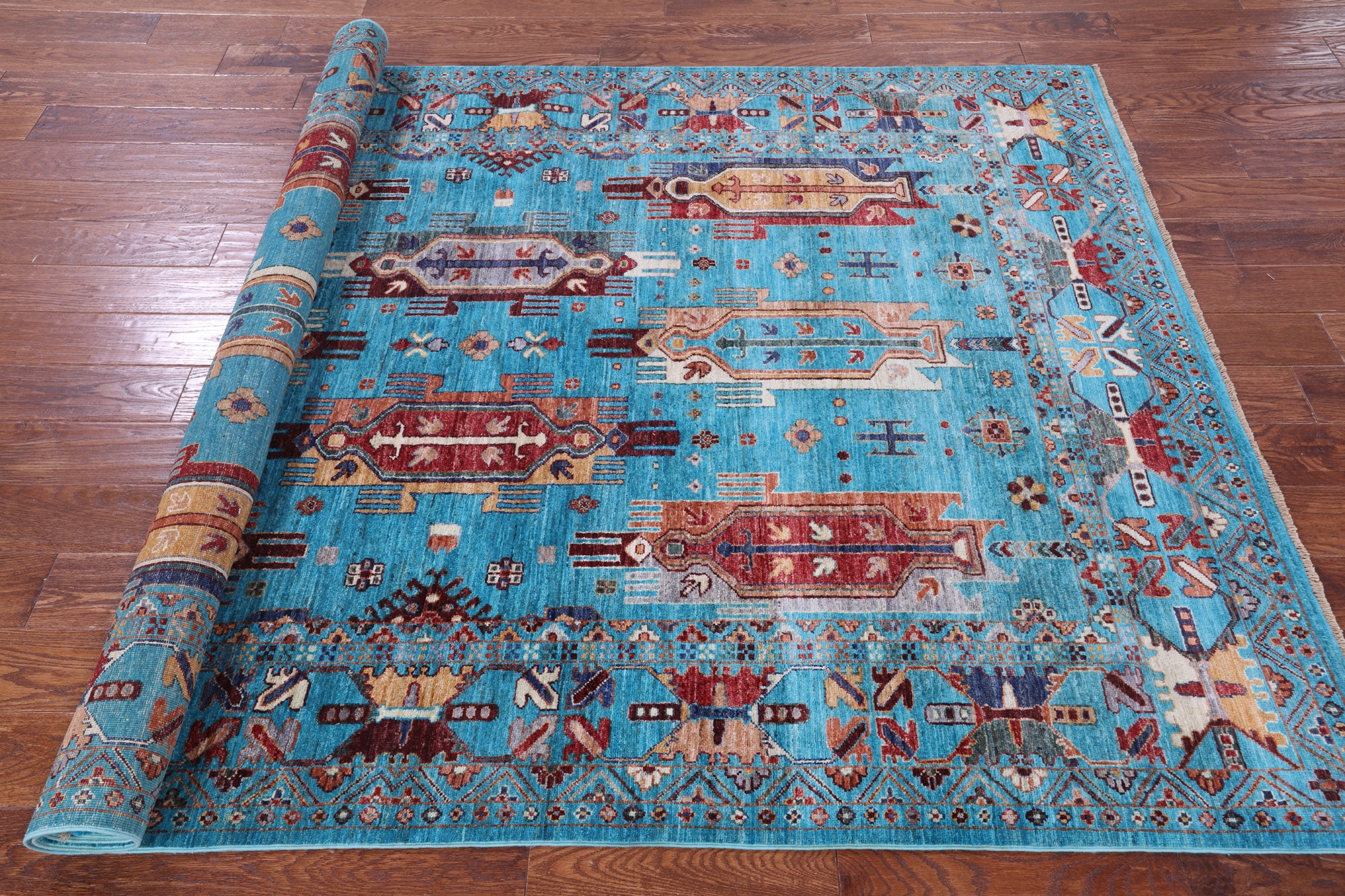 Blue Persian Fine Serapi Hand Knotted Wool Rug - 5' 9" X 8' 6" - Golden Nile