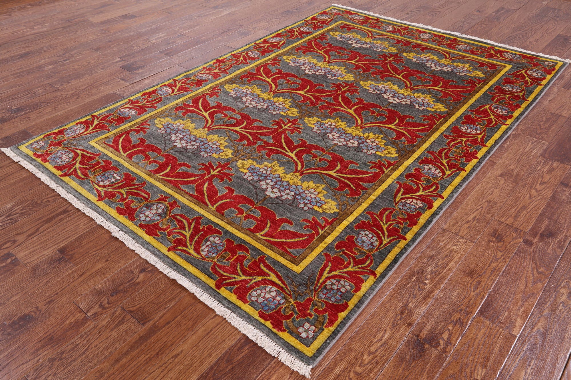 Grey William Morris Hand Knotted Wool Area Rug - 5' 10" X 8' 9" - Golden Nile