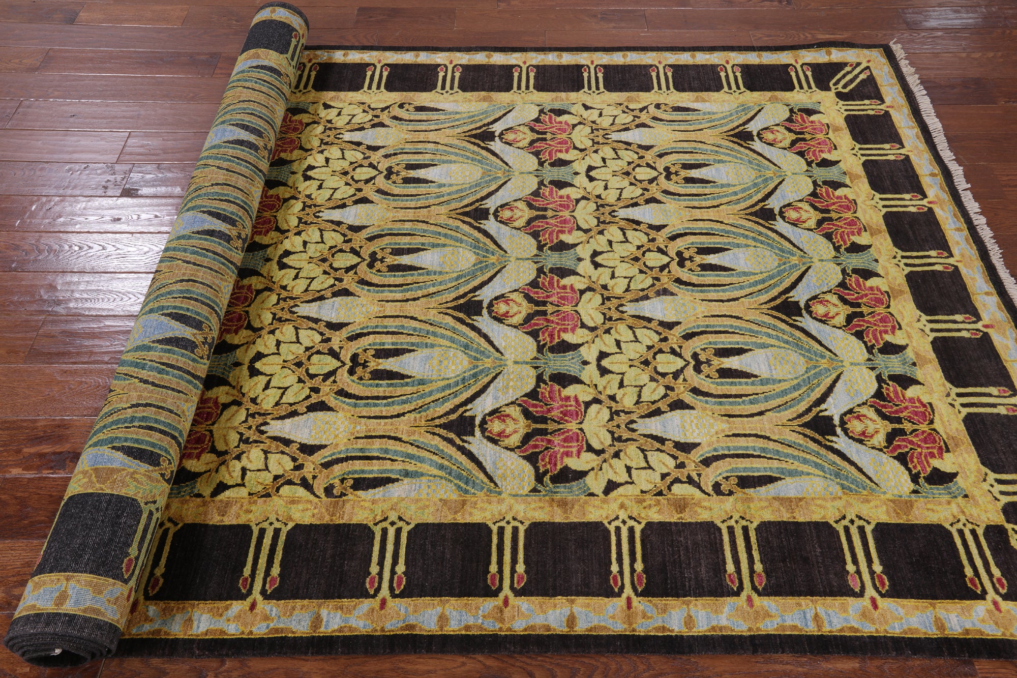 Black William Morris Handmade Wool Area Rug - 5' 10" X 11' 6" - Golden Nile