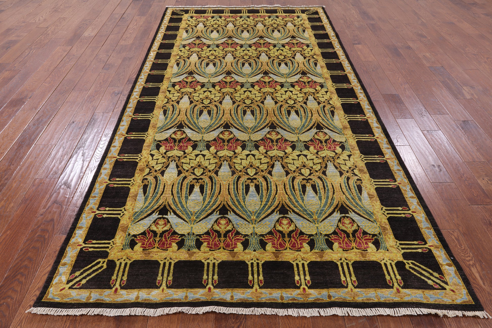 Black William Morris Handmade Wool Area Rug - 5' 10" X 11' 6" - Golden Nile