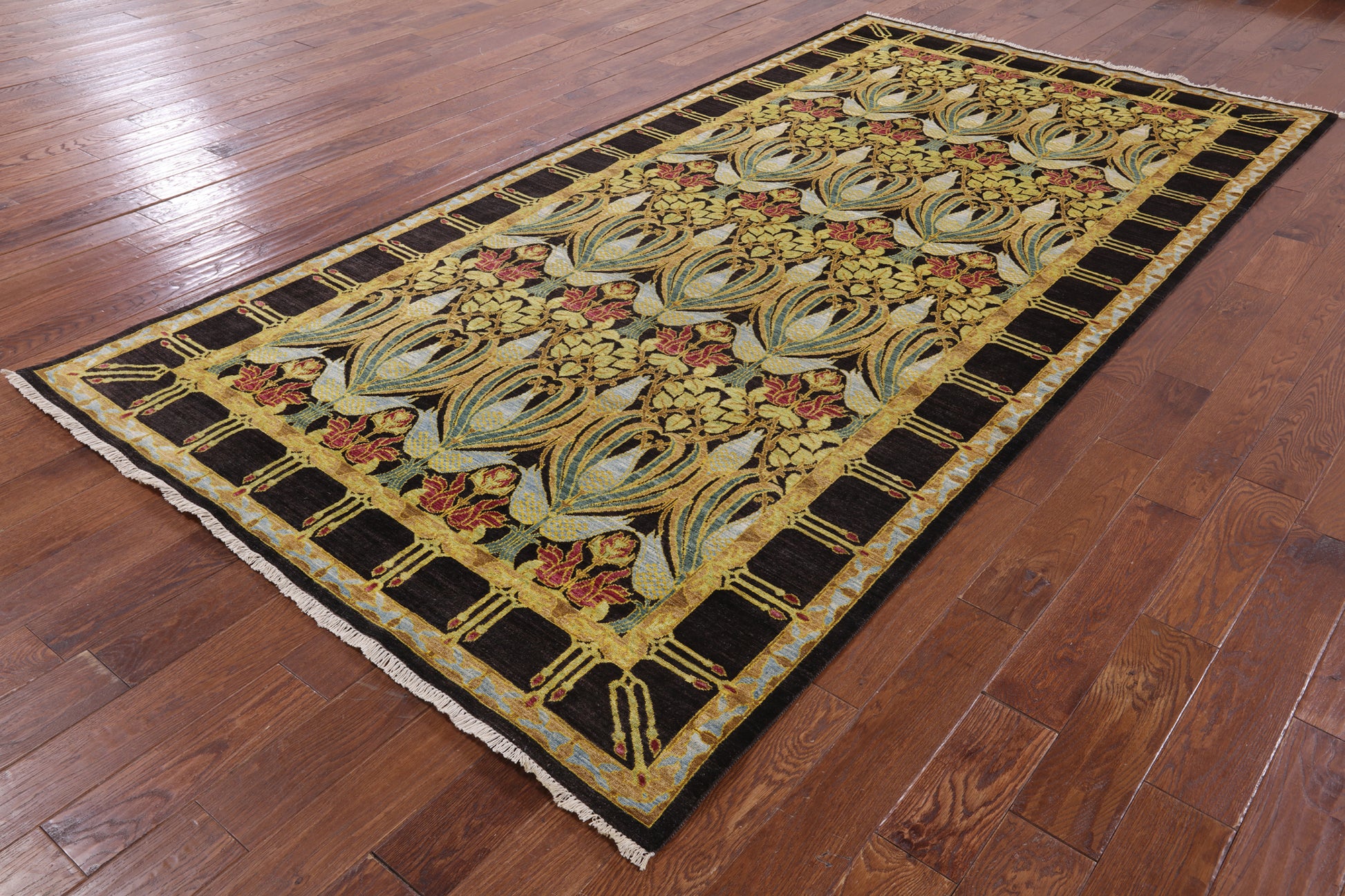 Black William Morris Handmade Wool Area Rug - 5' 10" X 11' 6" - Golden Nile