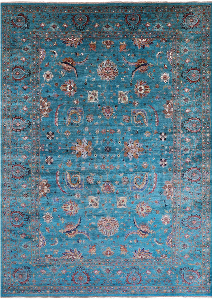 Blue Peshawar Hand Knotted Wool Rug - 8' 11" X 12' 5" - Golden Nile