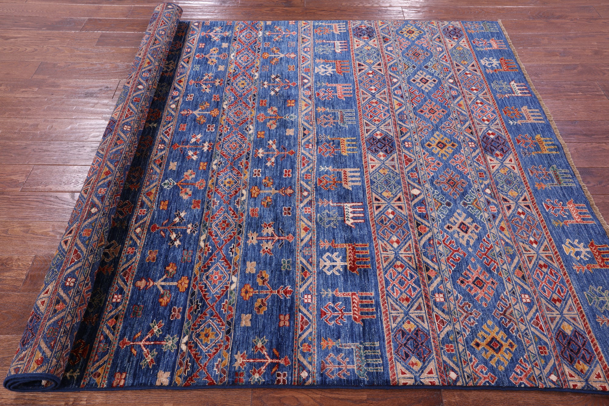 Blue Tribal Persian Gabbeh Hand Knotted Wool Rug - 5' 10" X 7' 10" - Golden Nile