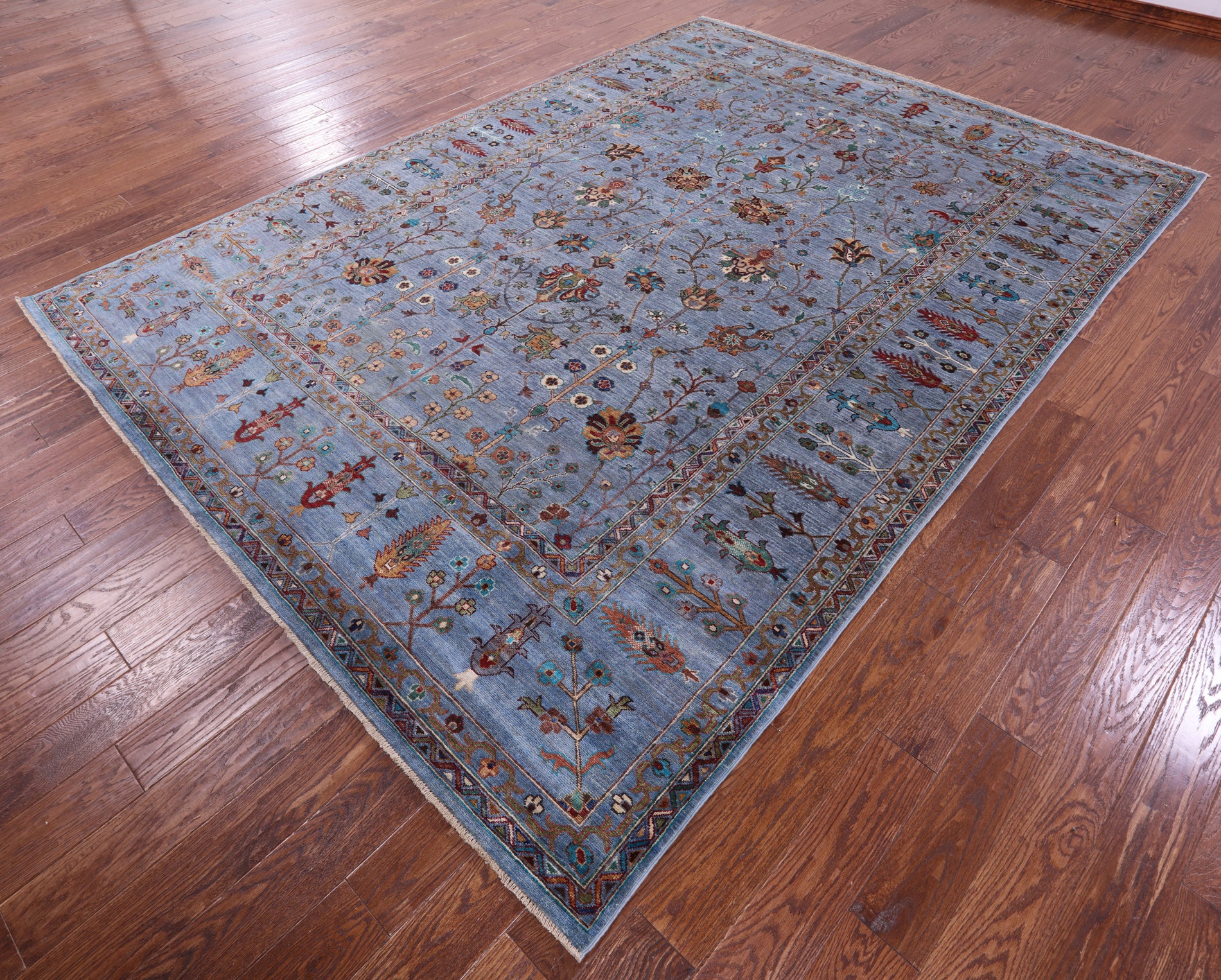 Blue Peshawar Hand Knotted Wool Rug - 8' 0" X 11' 1" - Golden Nile