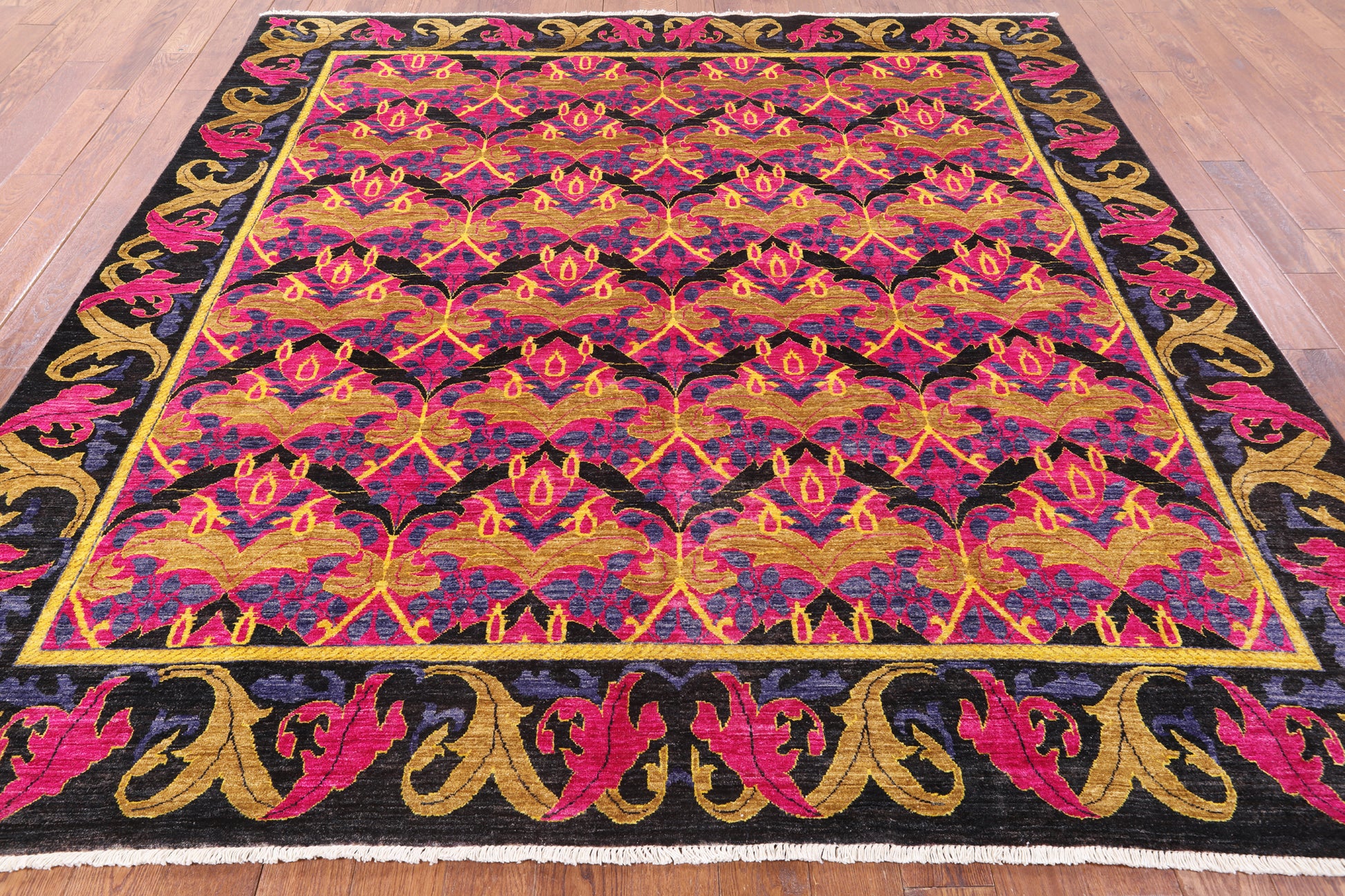 Pink Square William Morris Hand Knotted Wool Area Rug - 8' 10" X 9' 1" - Golden Nile