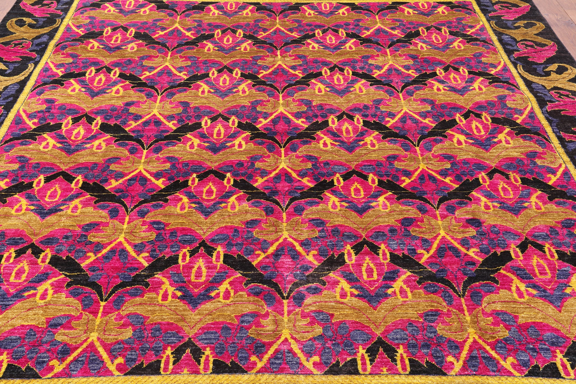 Pink Square William Morris Hand Knotted Wool Area Rug - 8' 10" X 9' 1" - Golden Nile