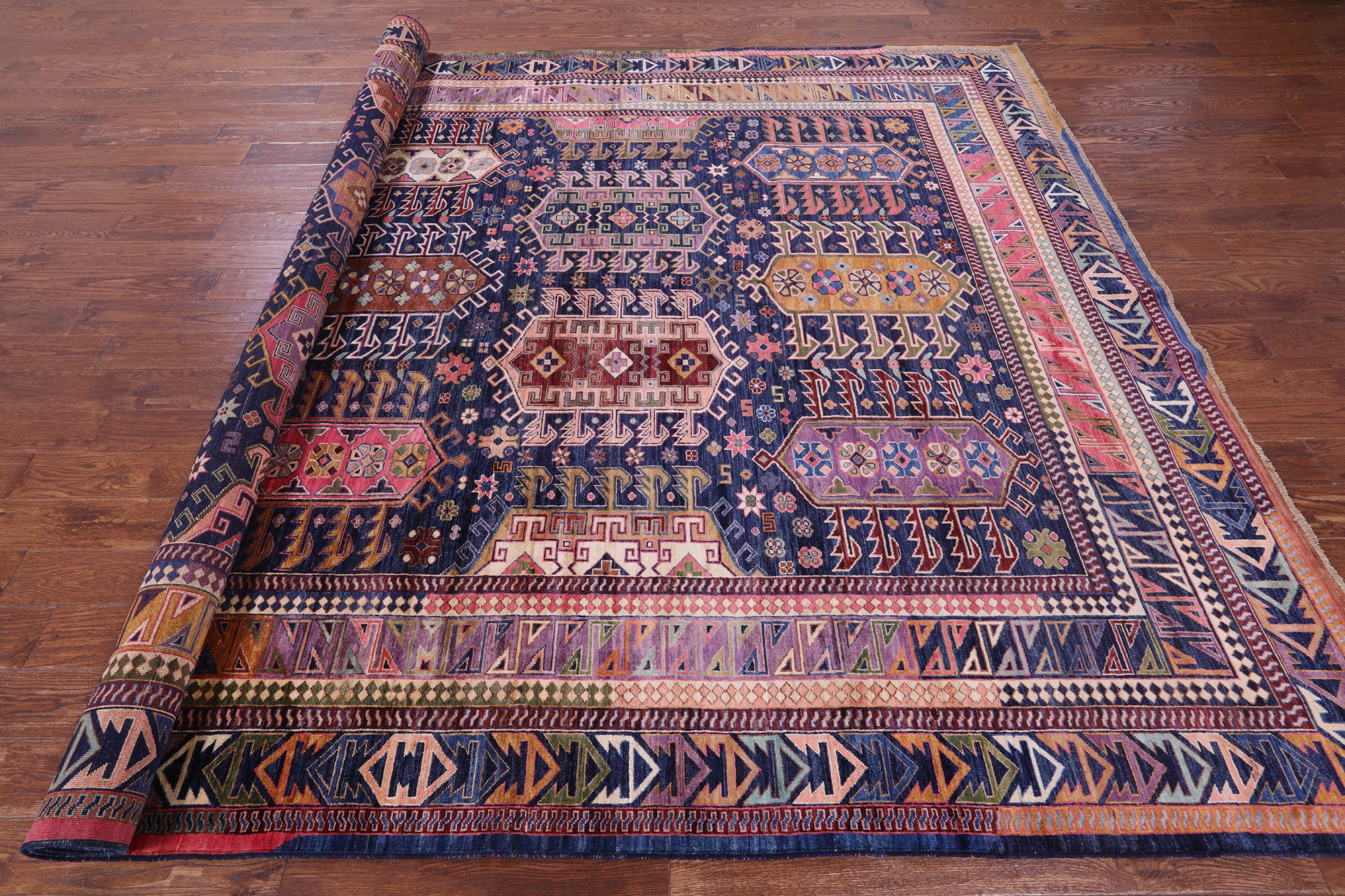 Blue Persian Fine Serapi Hand Knotted Wool Rug - 8' 11" X 11' 9" - Golden Nile