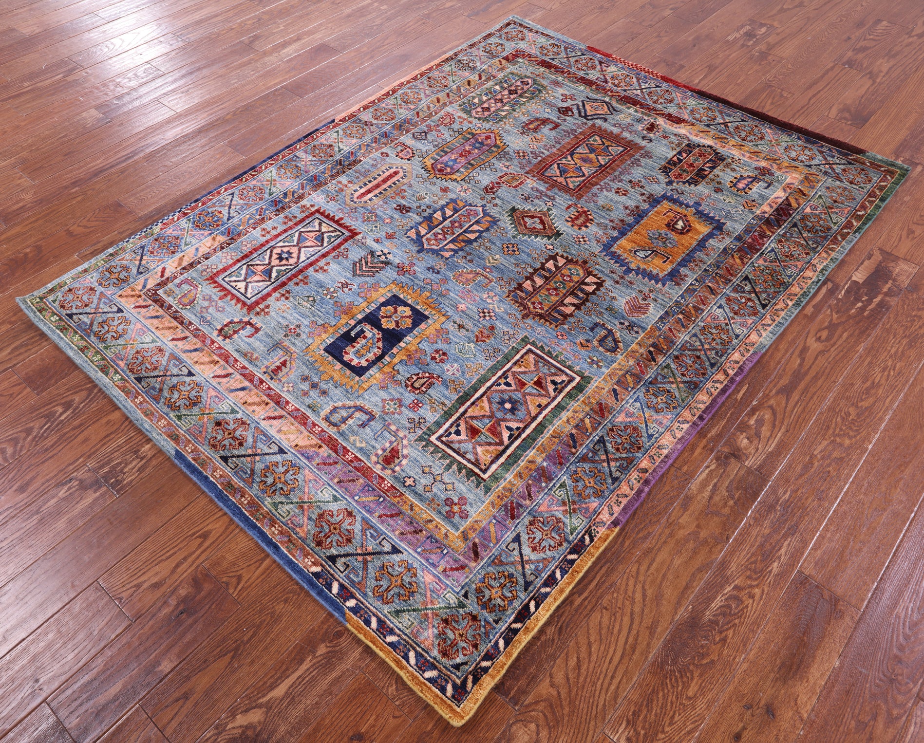 Blue Persian Fine Serapi Handmade Wool Rug - 5' 1" X 6' 10" - Golden Nile