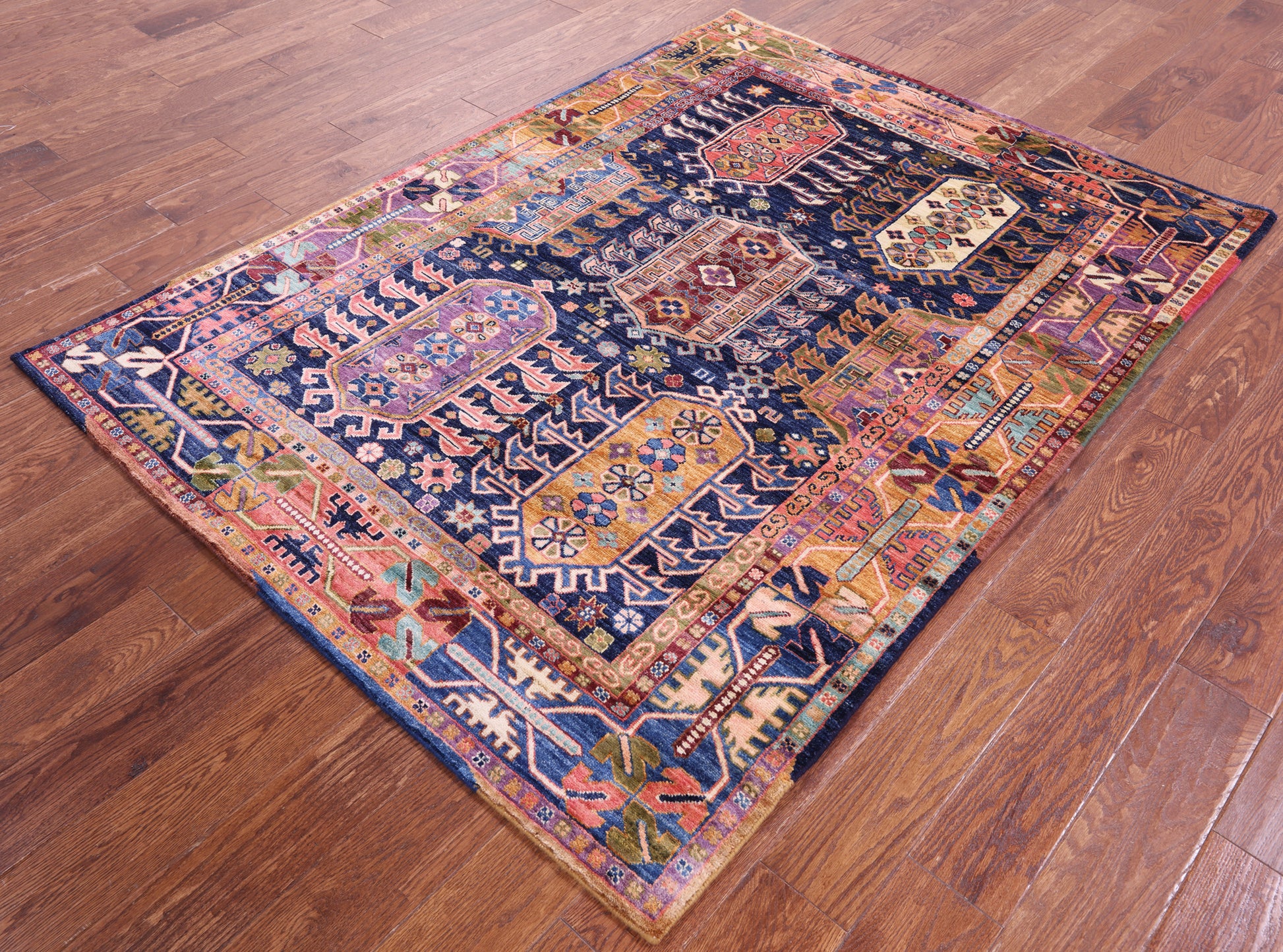 Blue Persian Fine Serapi Hand Knotted Wool Rug - 4' 10" X 6' 7" - Golden Nile