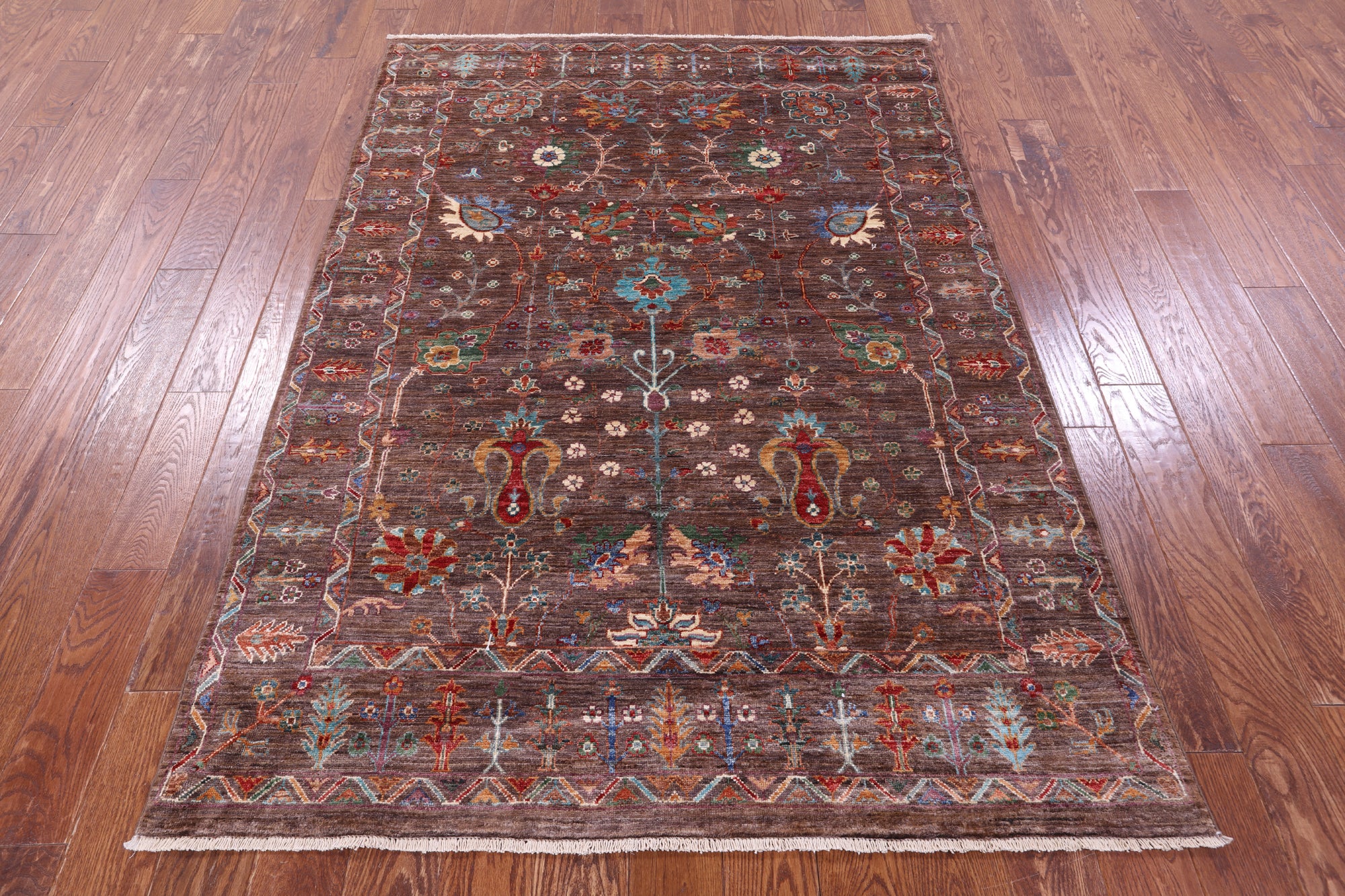 Brown Peshawar Hand Knotted Wool Rug - 4' 10" X 6' 10" - Golden Nile