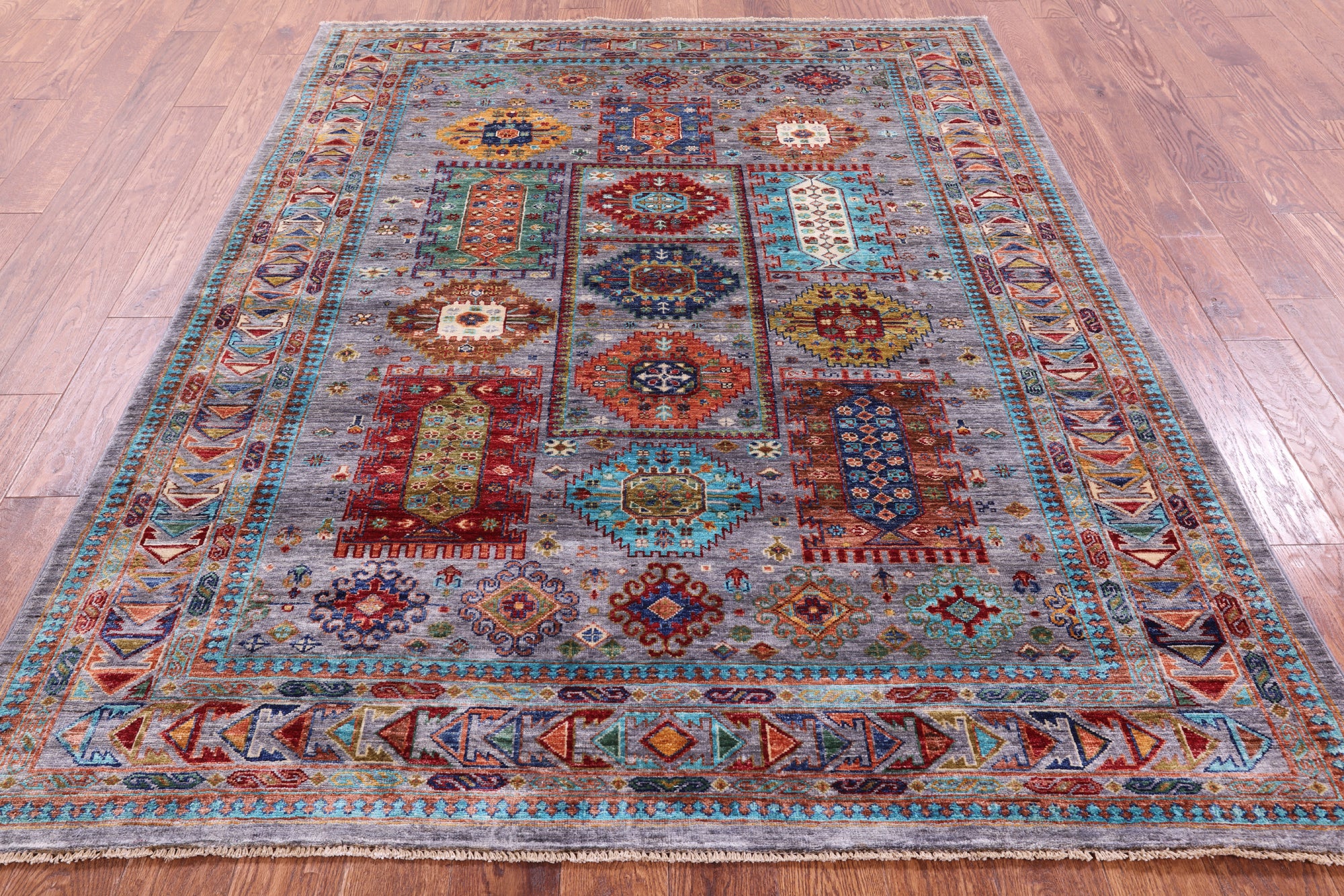 Grey Turkmen Ersari Hand Knotted Wool Rug - 5' 10" X 7' 9" - Golden Nile