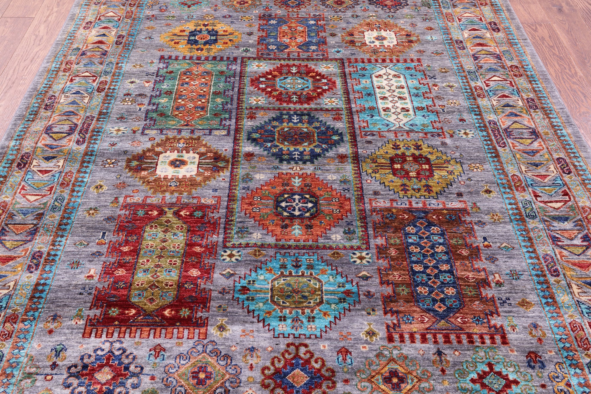Grey Turkmen Ersari Hand Knotted Wool Rug - 5' 10" X 7' 9" - Golden Nile