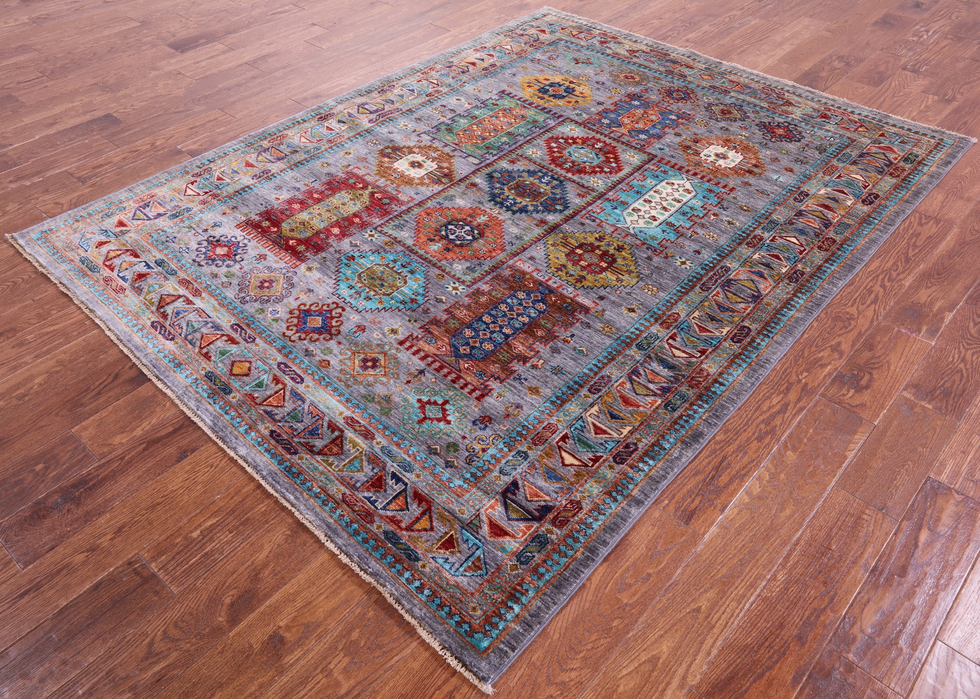 Grey Turkmen Ersari Hand Knotted Wool Rug - 5' 10" X 7' 9" - Golden Nile